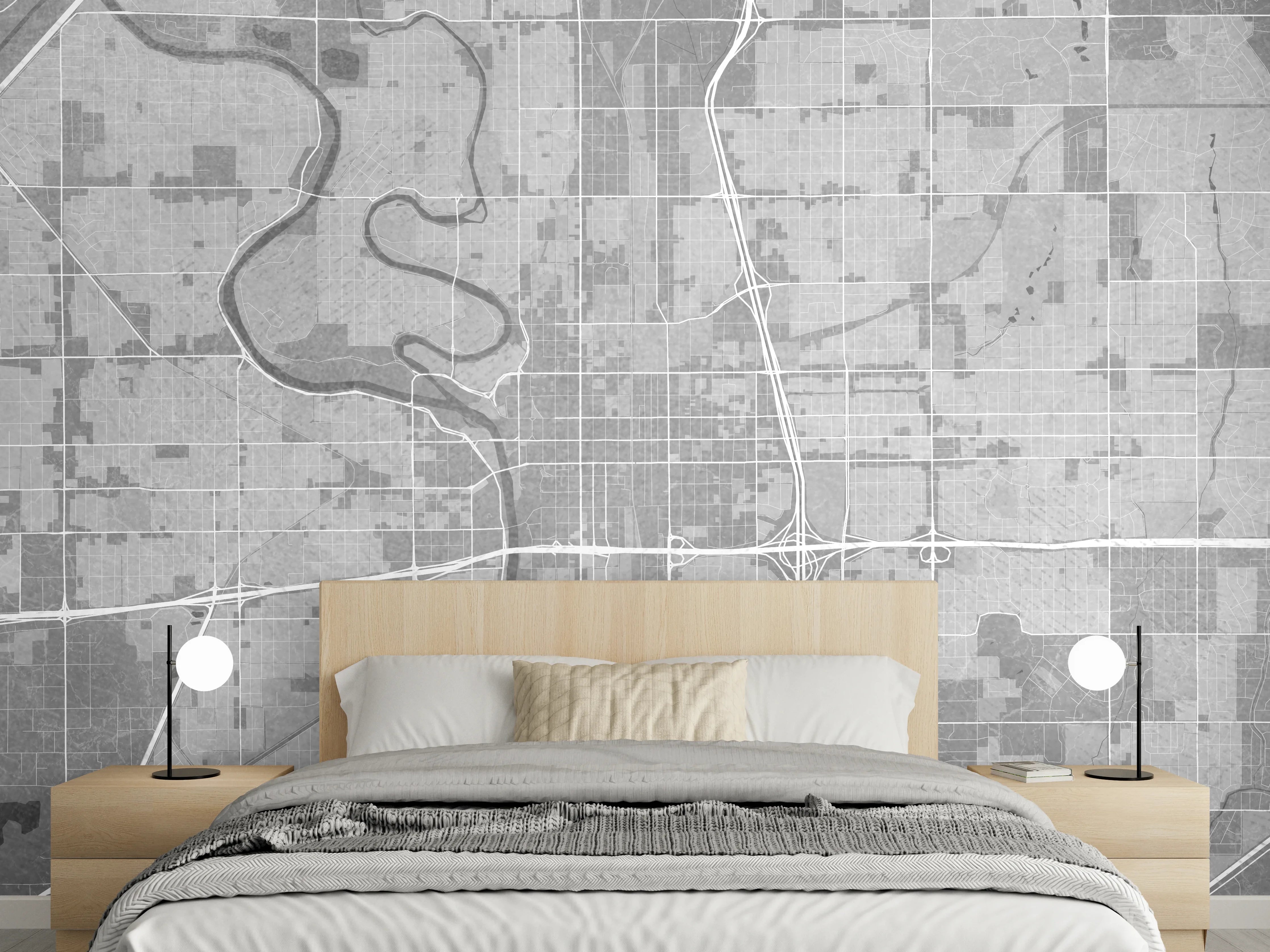 Wandverkleidung Schlafzimmer - Graue Skyline im weißen Licht