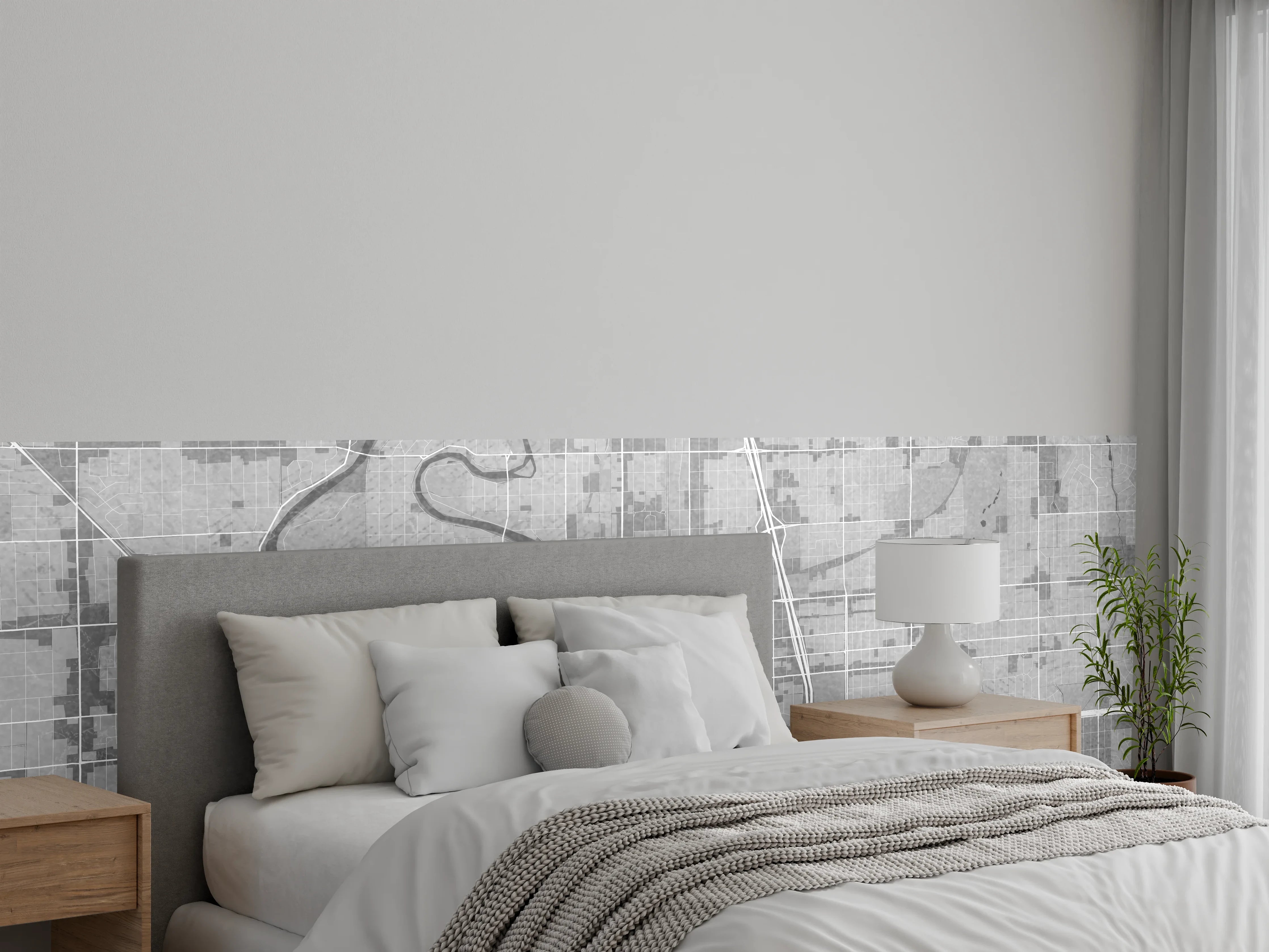 Wandverkleidung Schlafzimmer - Graue Skyline im weißen Licht