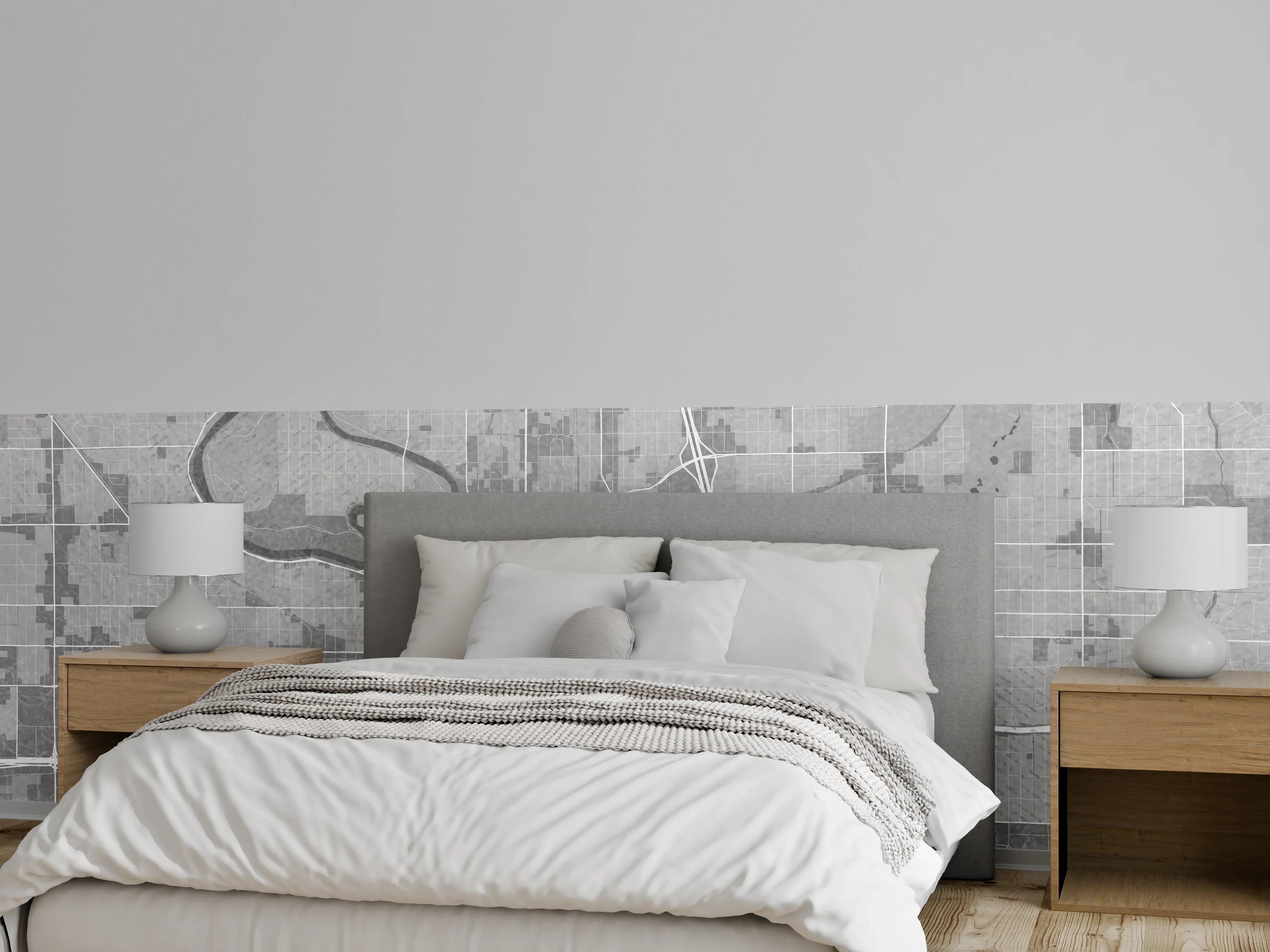 Wandverkleidung Schlafzimmer - Graue Skyline im weißen Licht