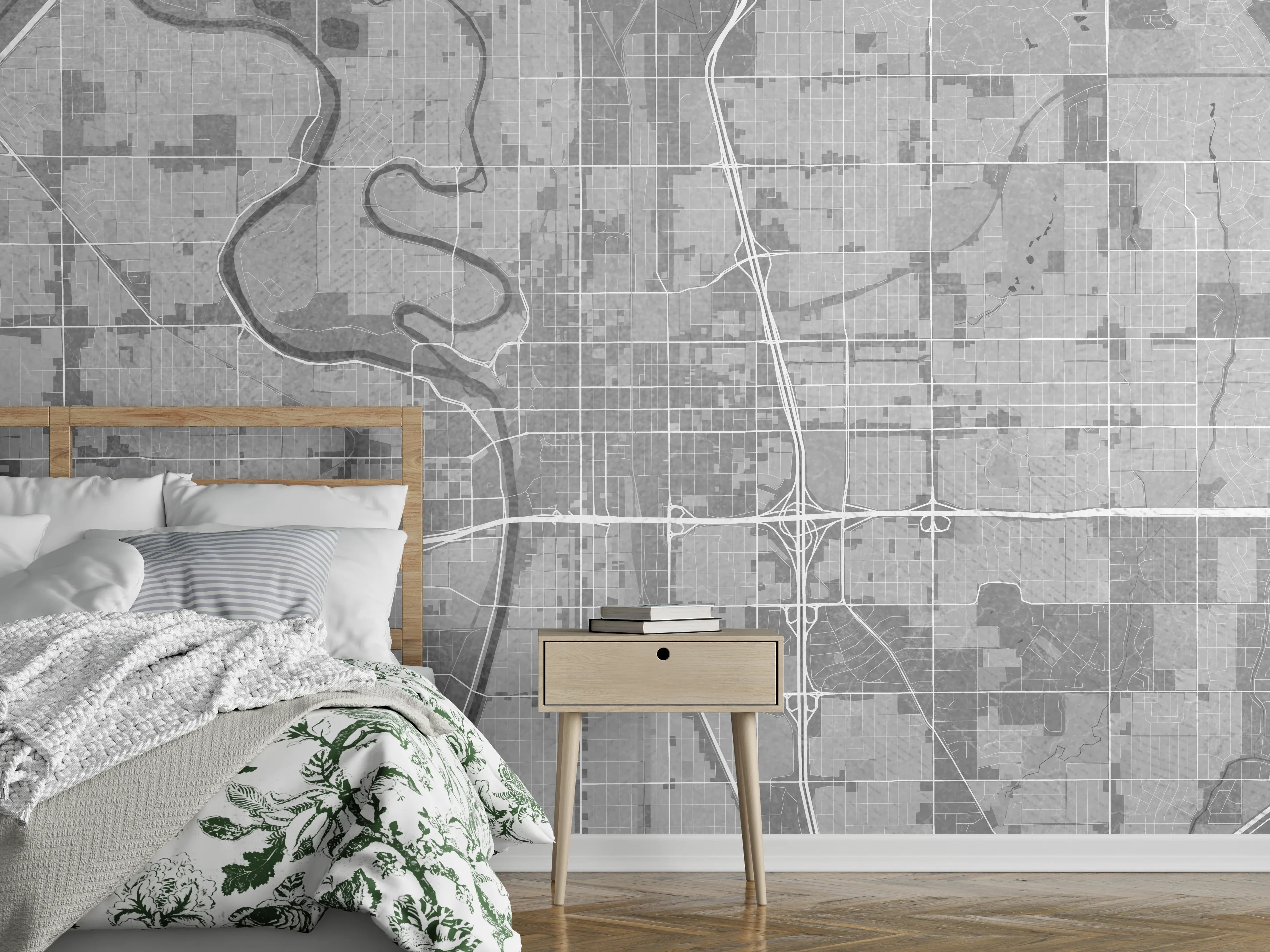 Wandverkleidung Schlafzimmer - Graue Skyline im weißen Licht
