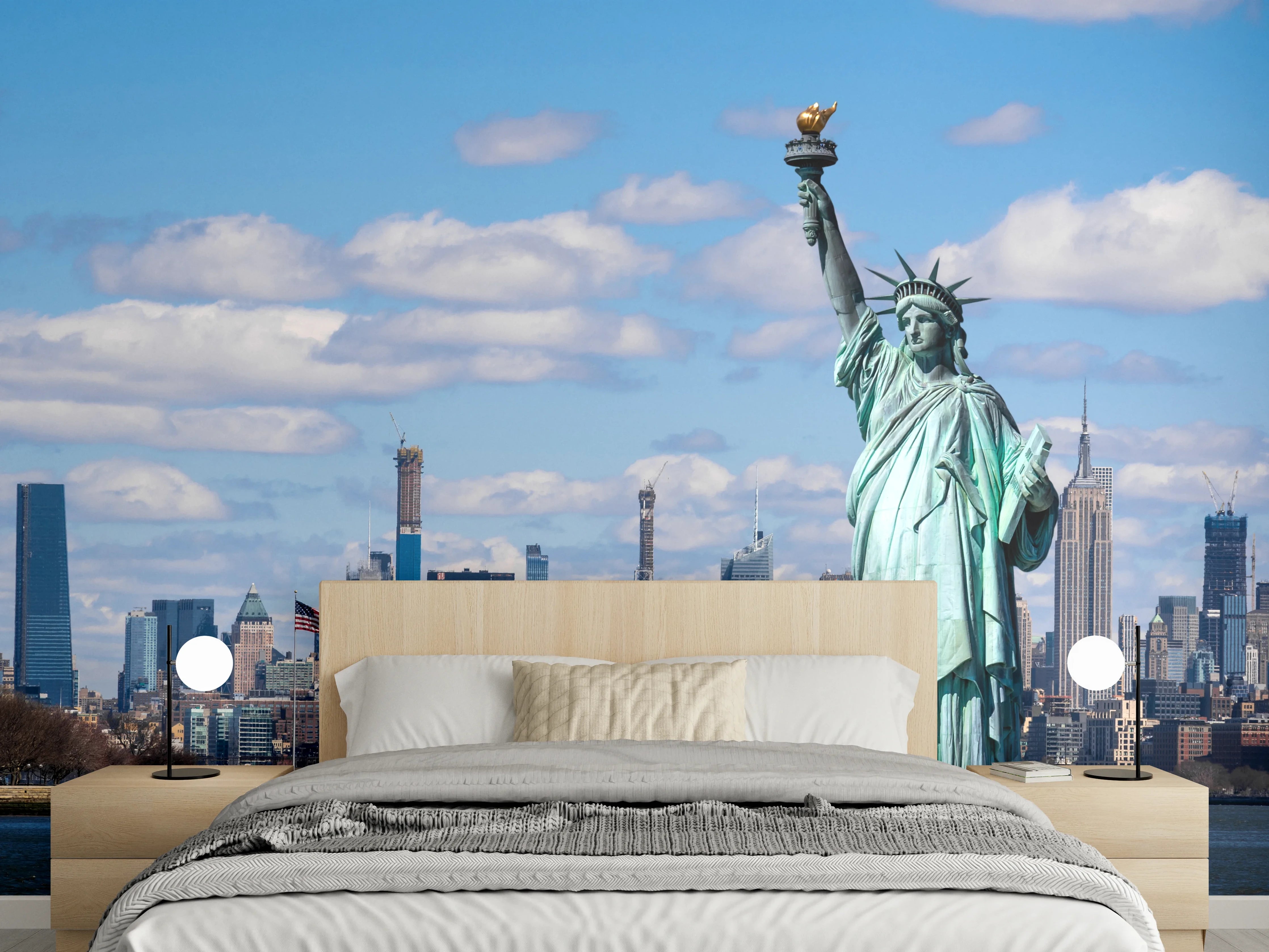 Wandverkleidung Schlafzimmer - Graue Skyline, weiße Statue