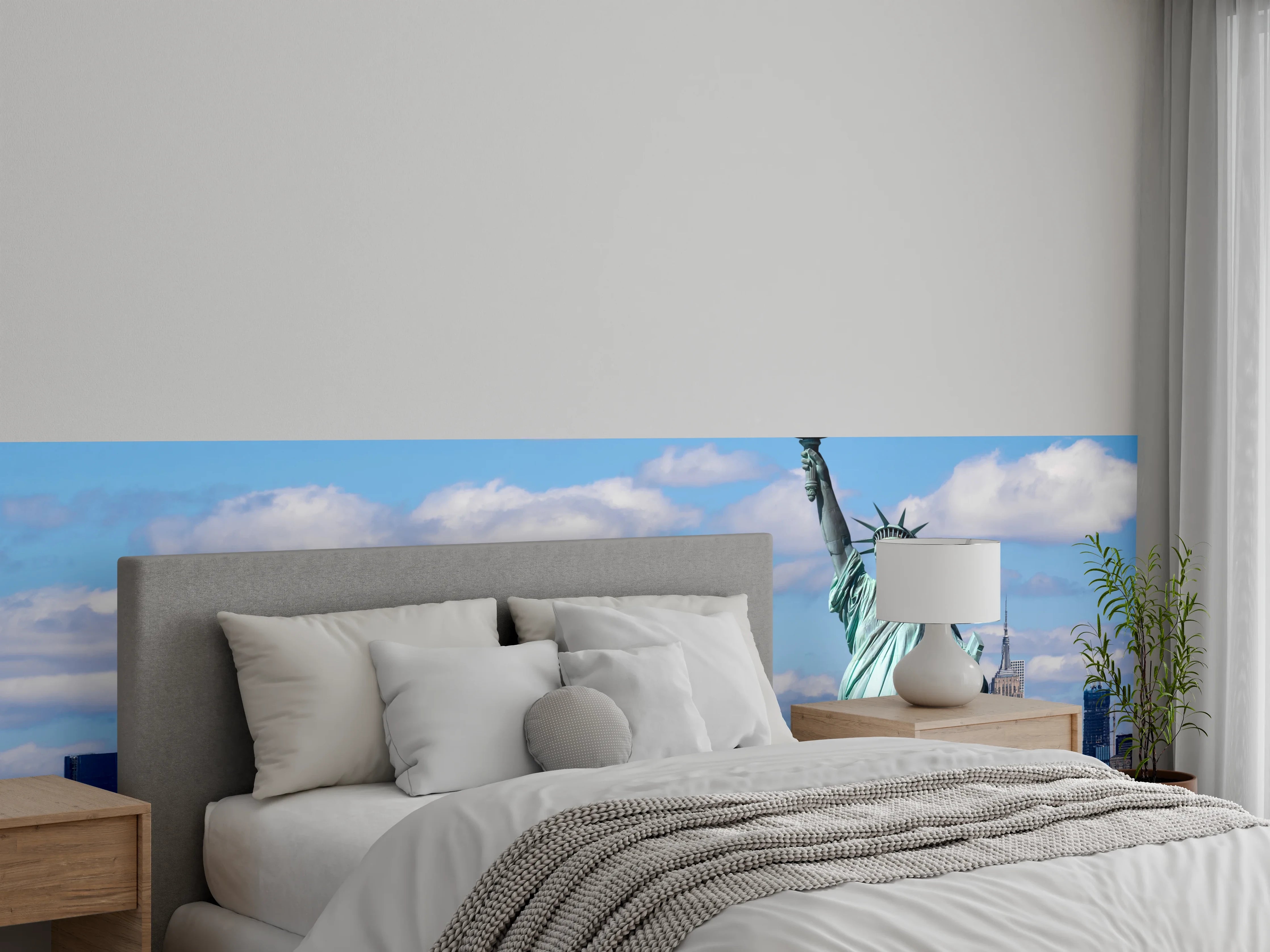 Wandverkleidung Schlafzimmer - Graue Skyline, weiße Statue