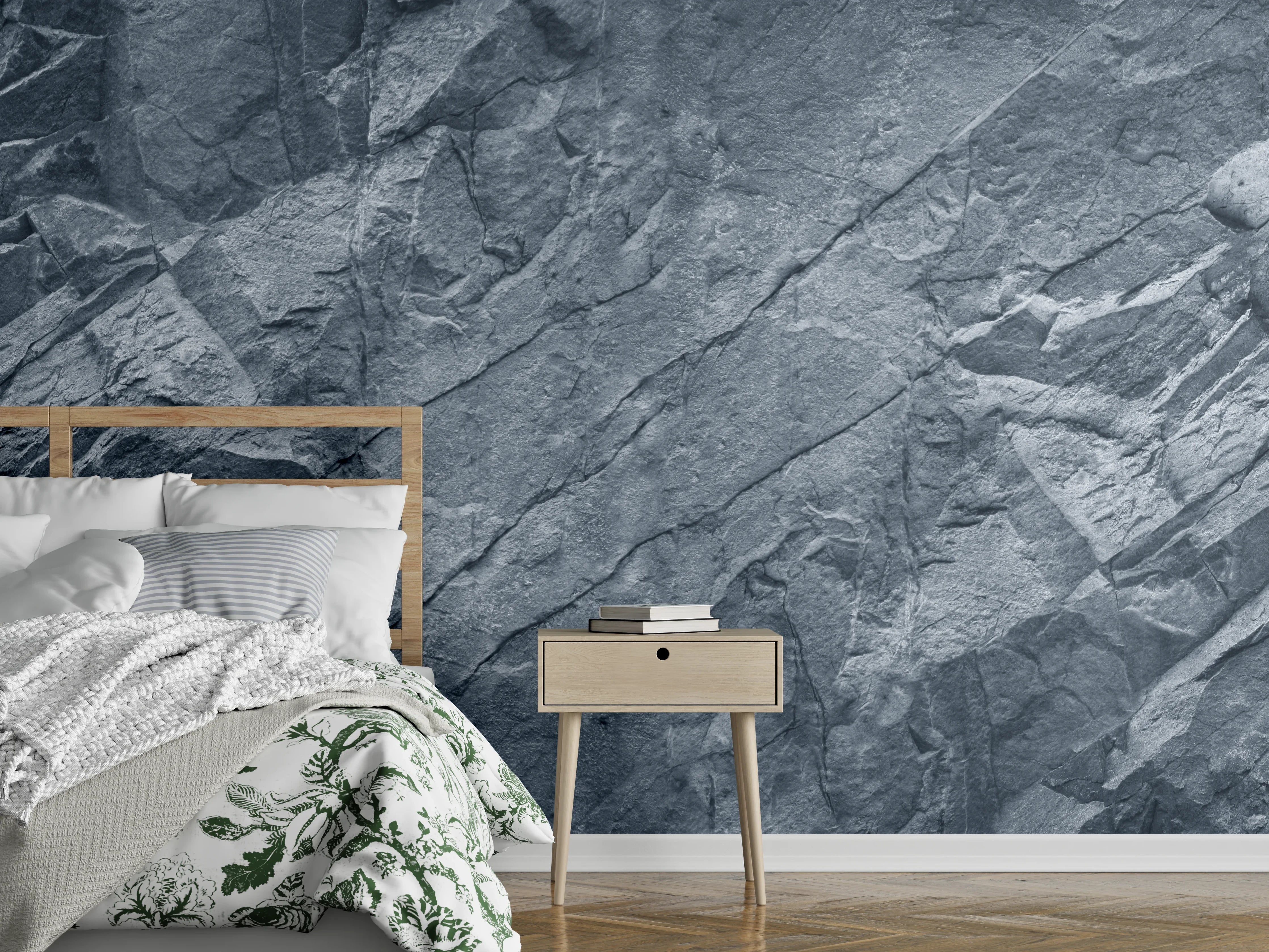 Wandverkleidung Schlafzimmer - Graue Steinstruktur mit Schatteneffekten