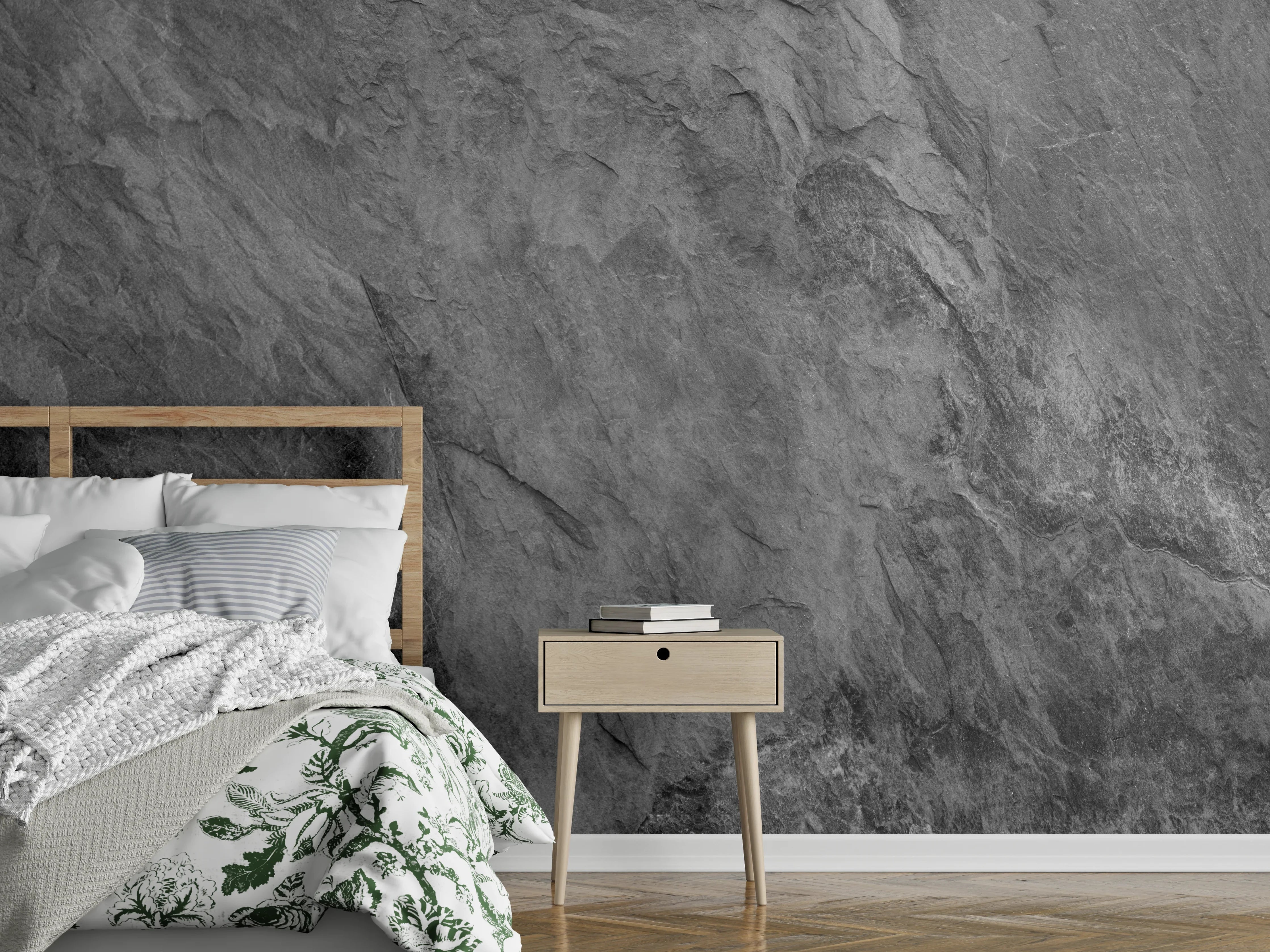 Wandverkleidung Schlafzimmer - Graue Steinstruktur mit Textur