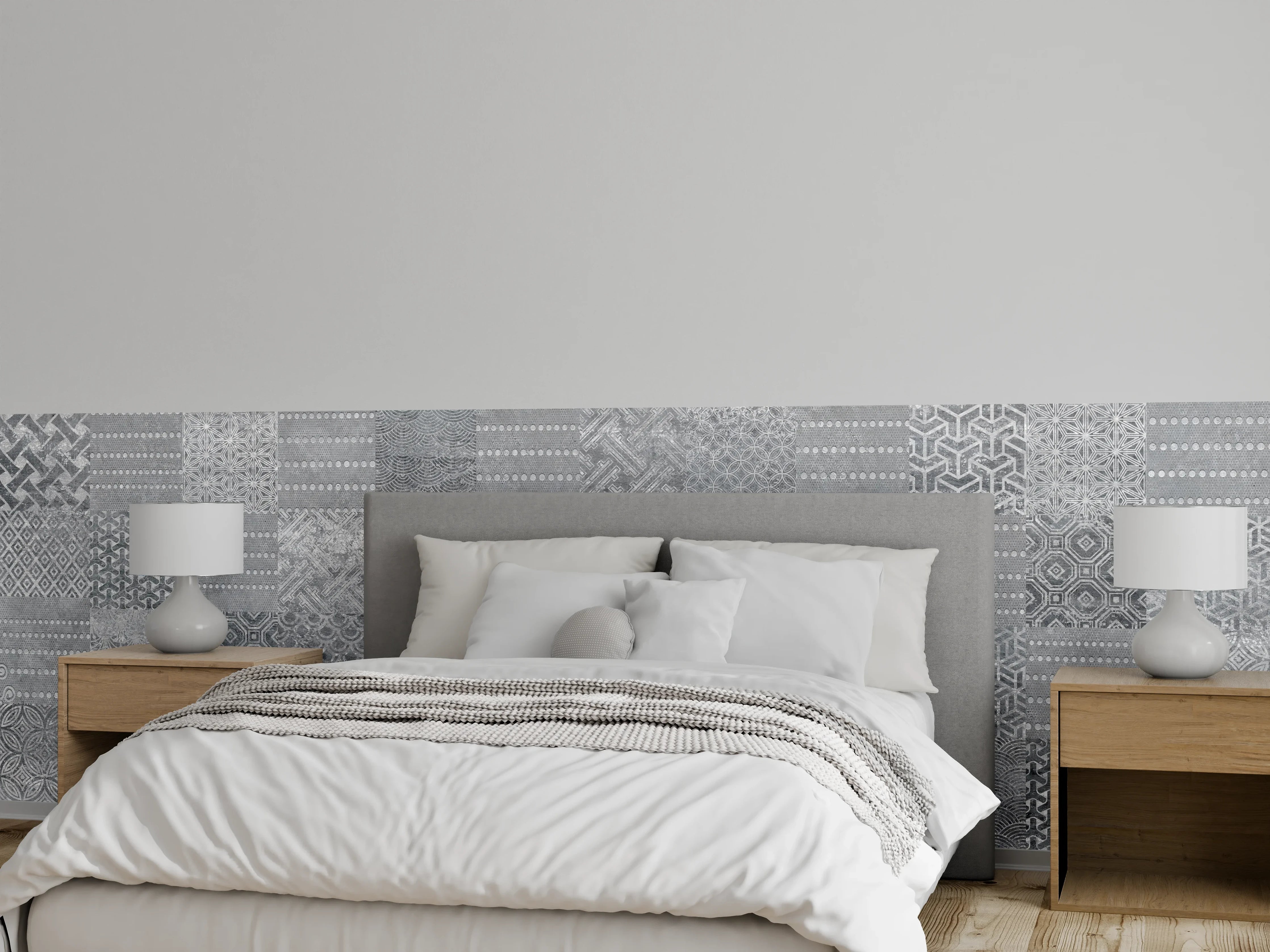 Wandverkleidung Schlafzimmer - Graue Vintage Fliesenmuster