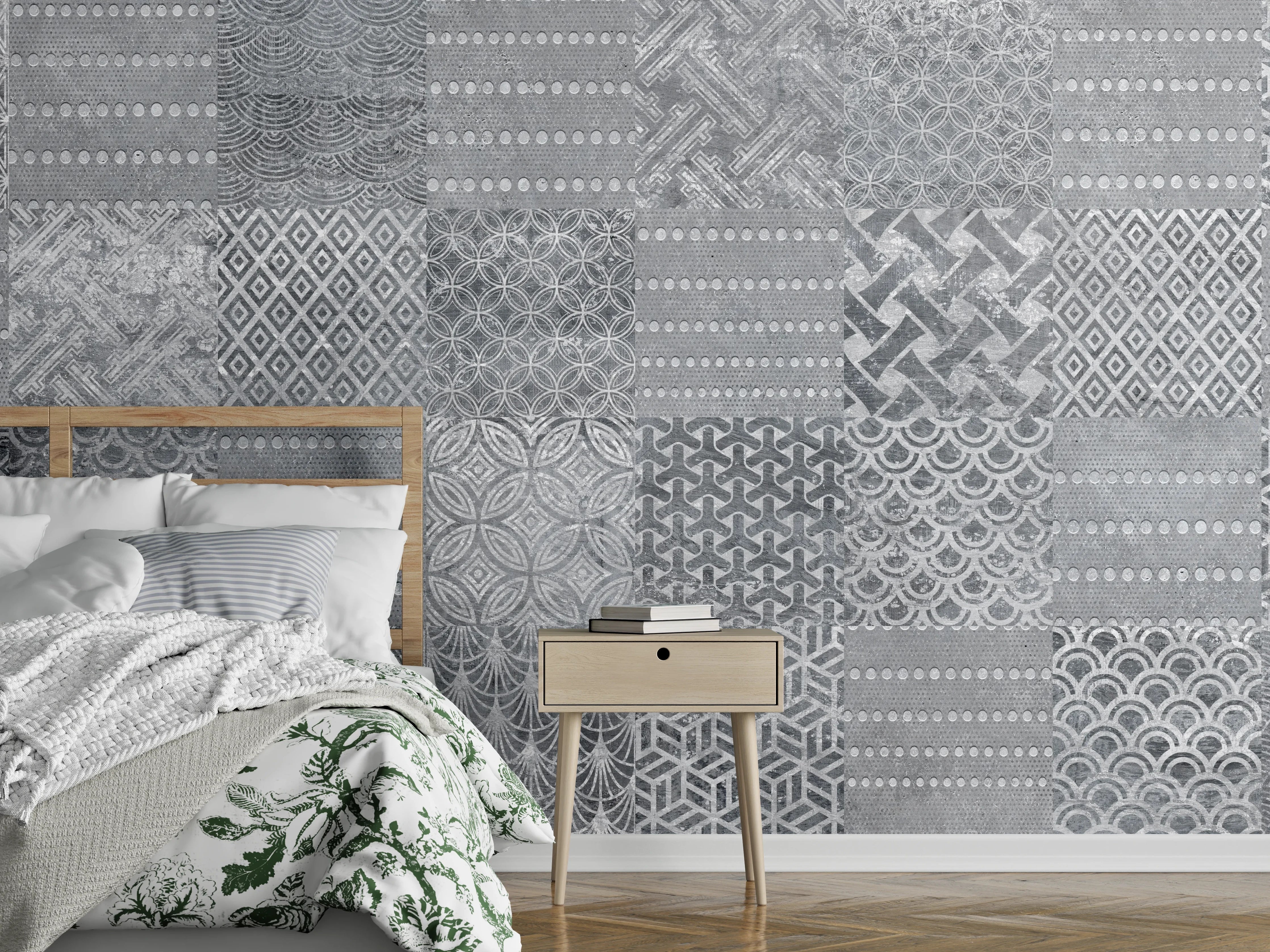 Wandverkleidung Schlafzimmer - Graue Vintage Fliesenmuster