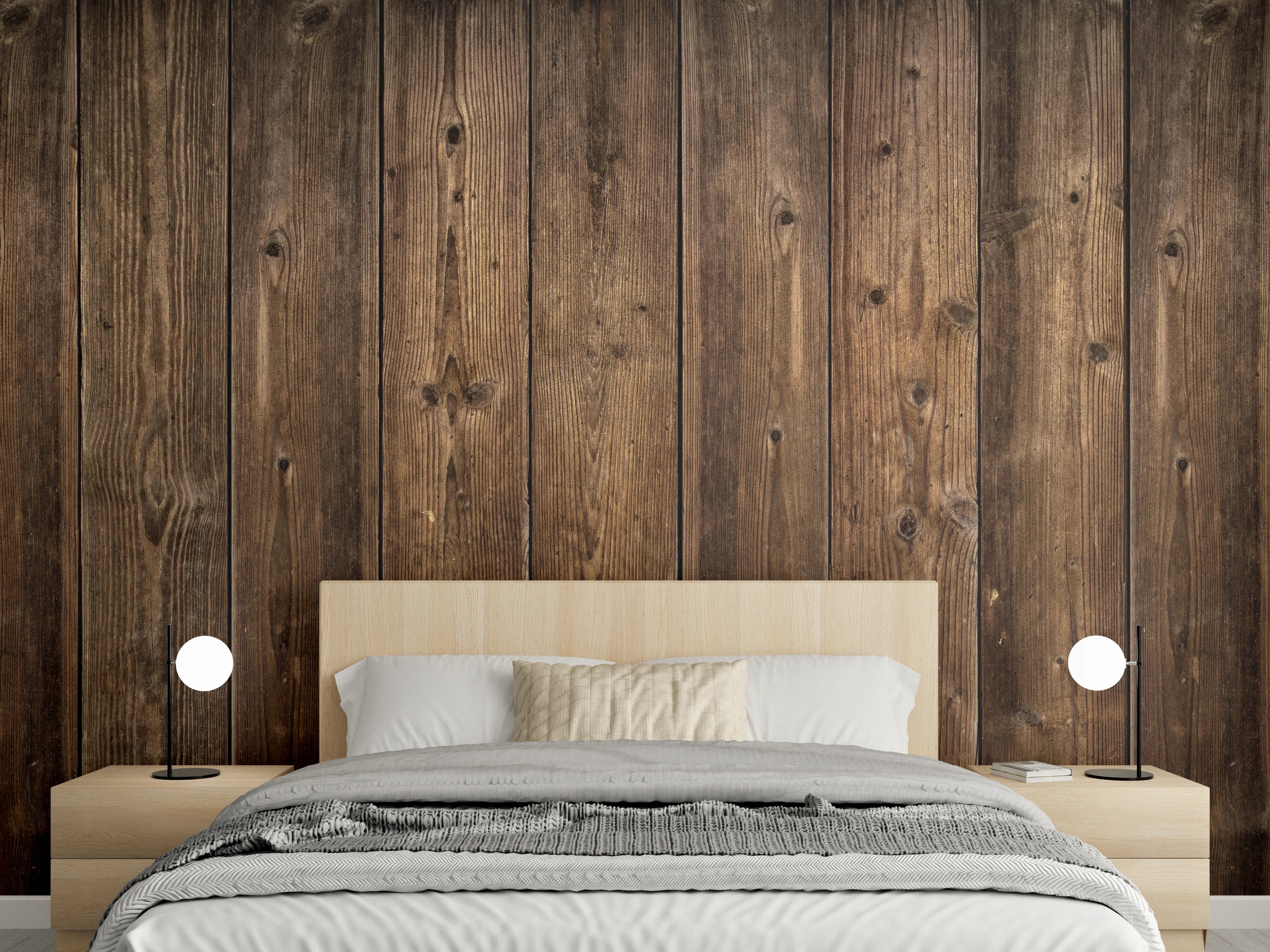 Wandverkleidung Schlafzimmer - Graue Vintage-Holzpaneele mit Weißakzenten