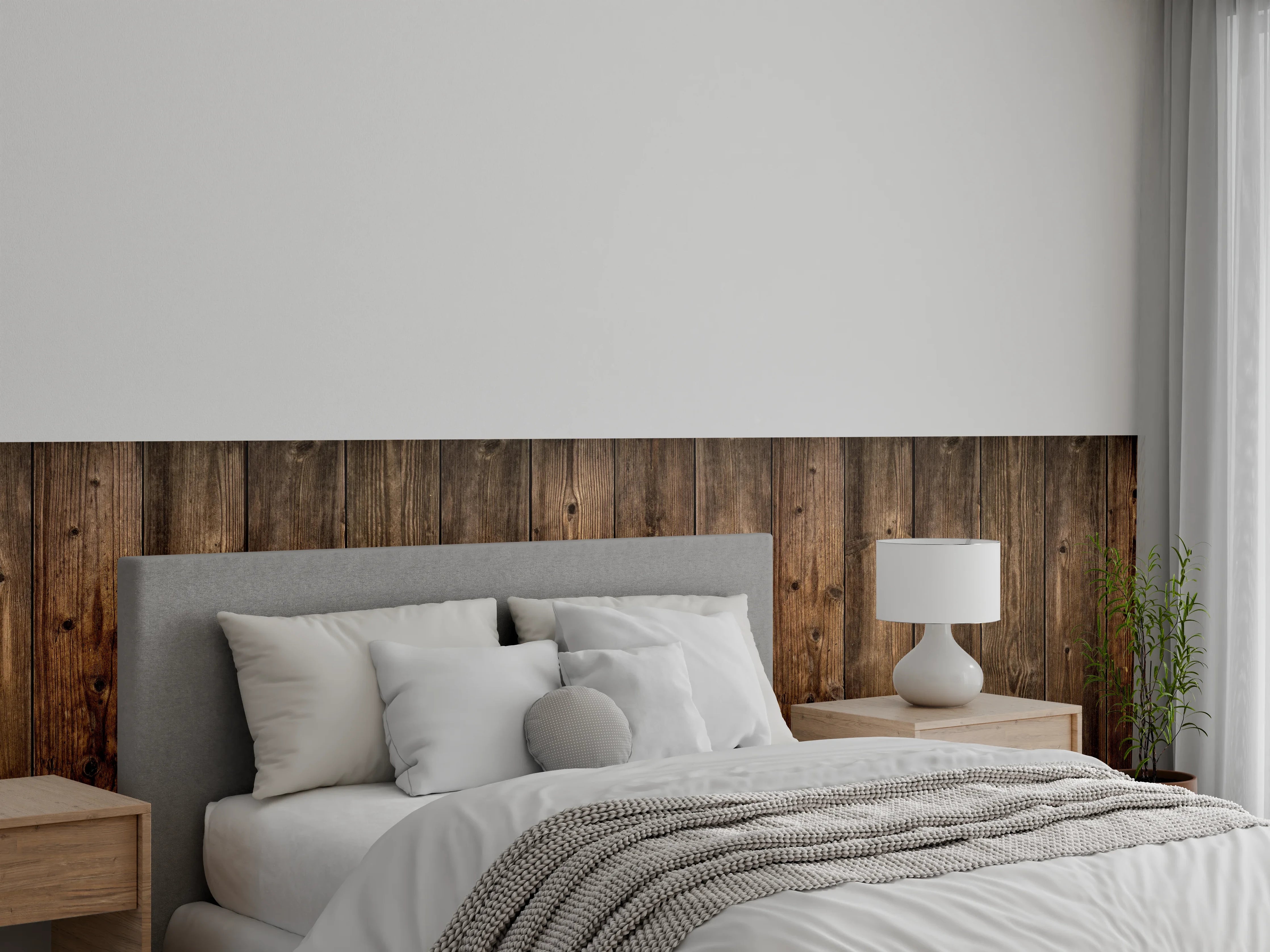 Wandverkleidung Schlafzimmer - Graue Vintage-Holzpaneele mit Weißakzenten