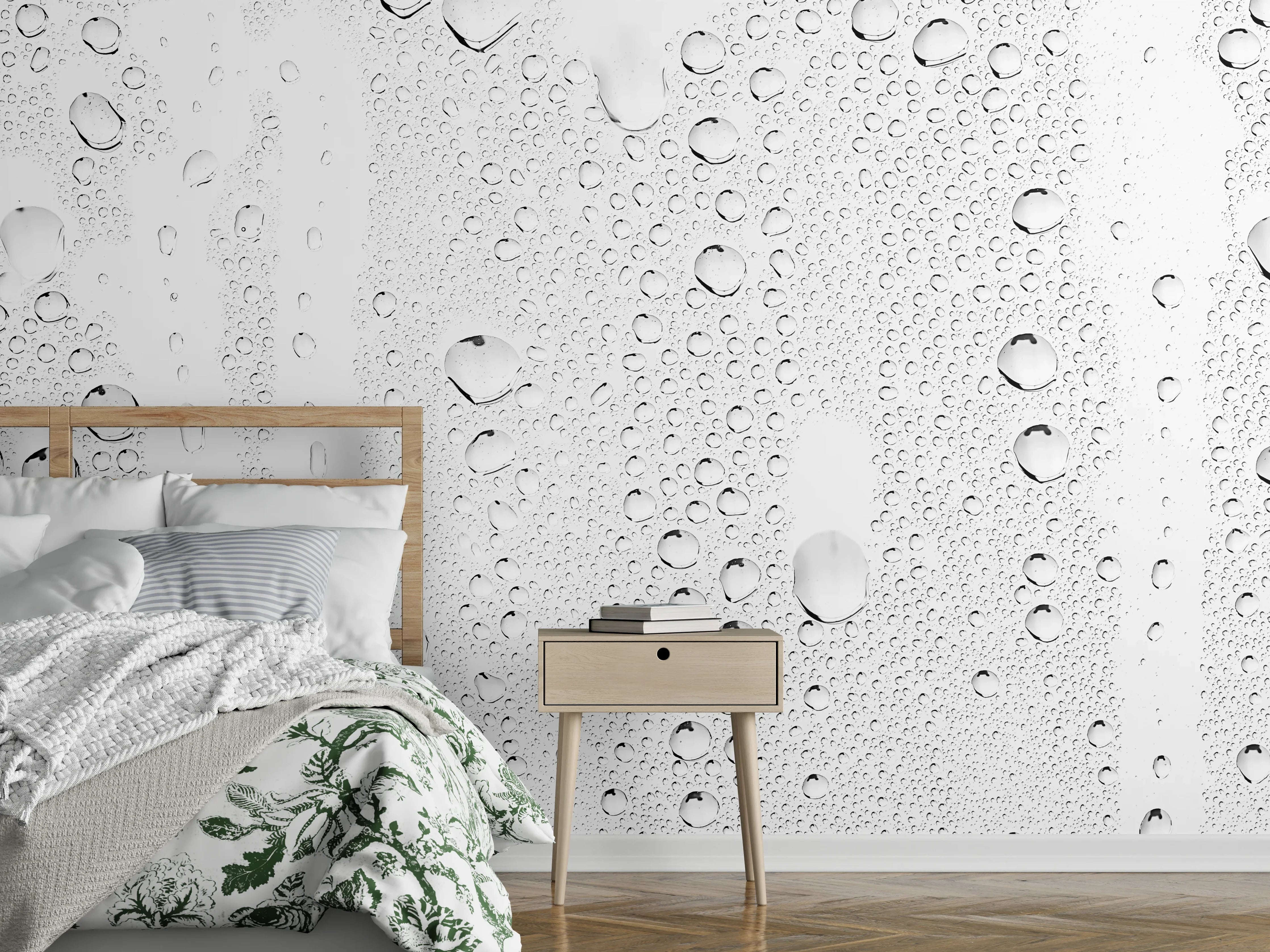 Wandverkleidung Schlafzimmer - Graue Wasserperlen auf Glas