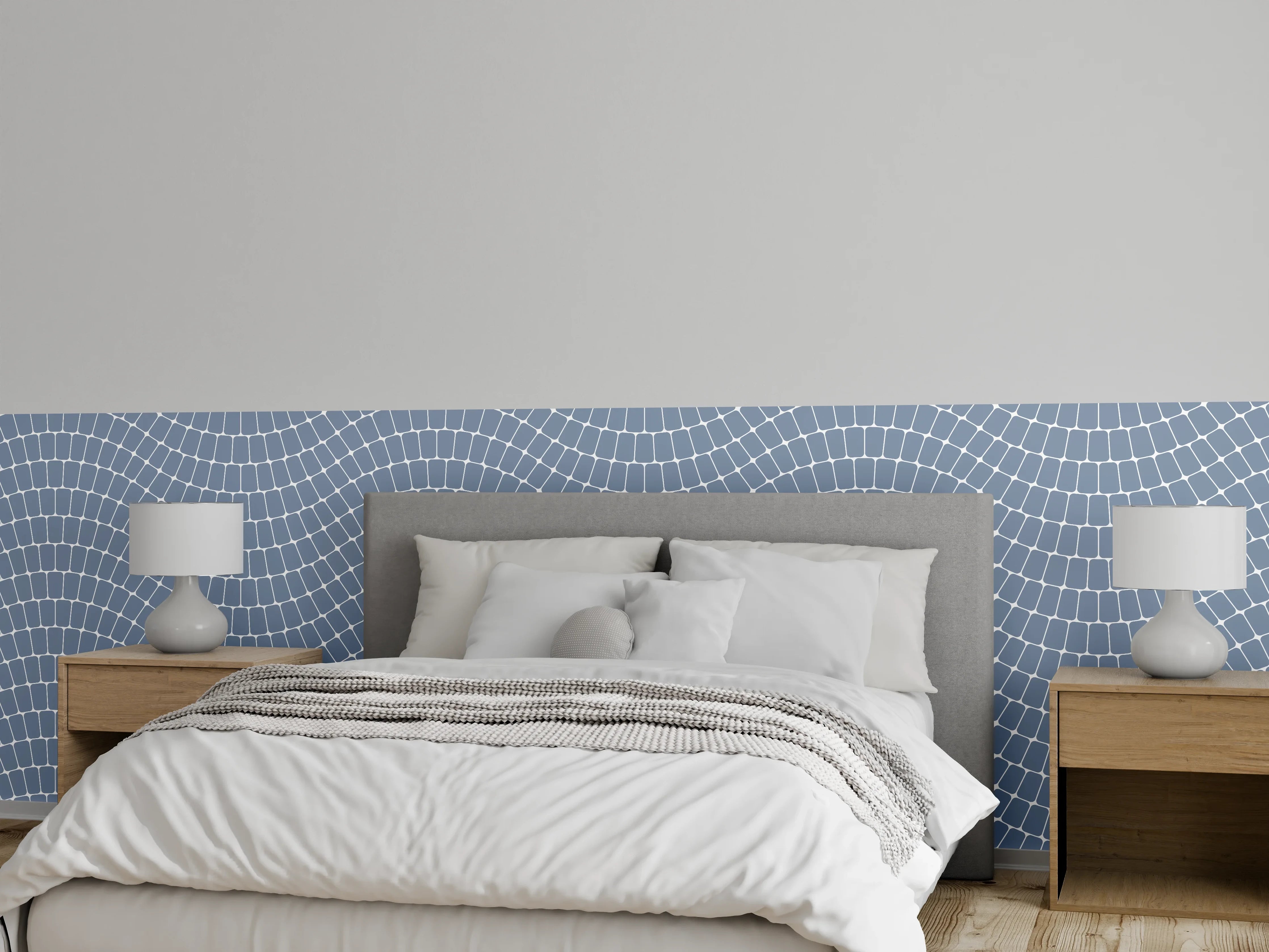 Wandverkleidung Schlafzimmer - Graue Wellenlinien auf weißem Grund