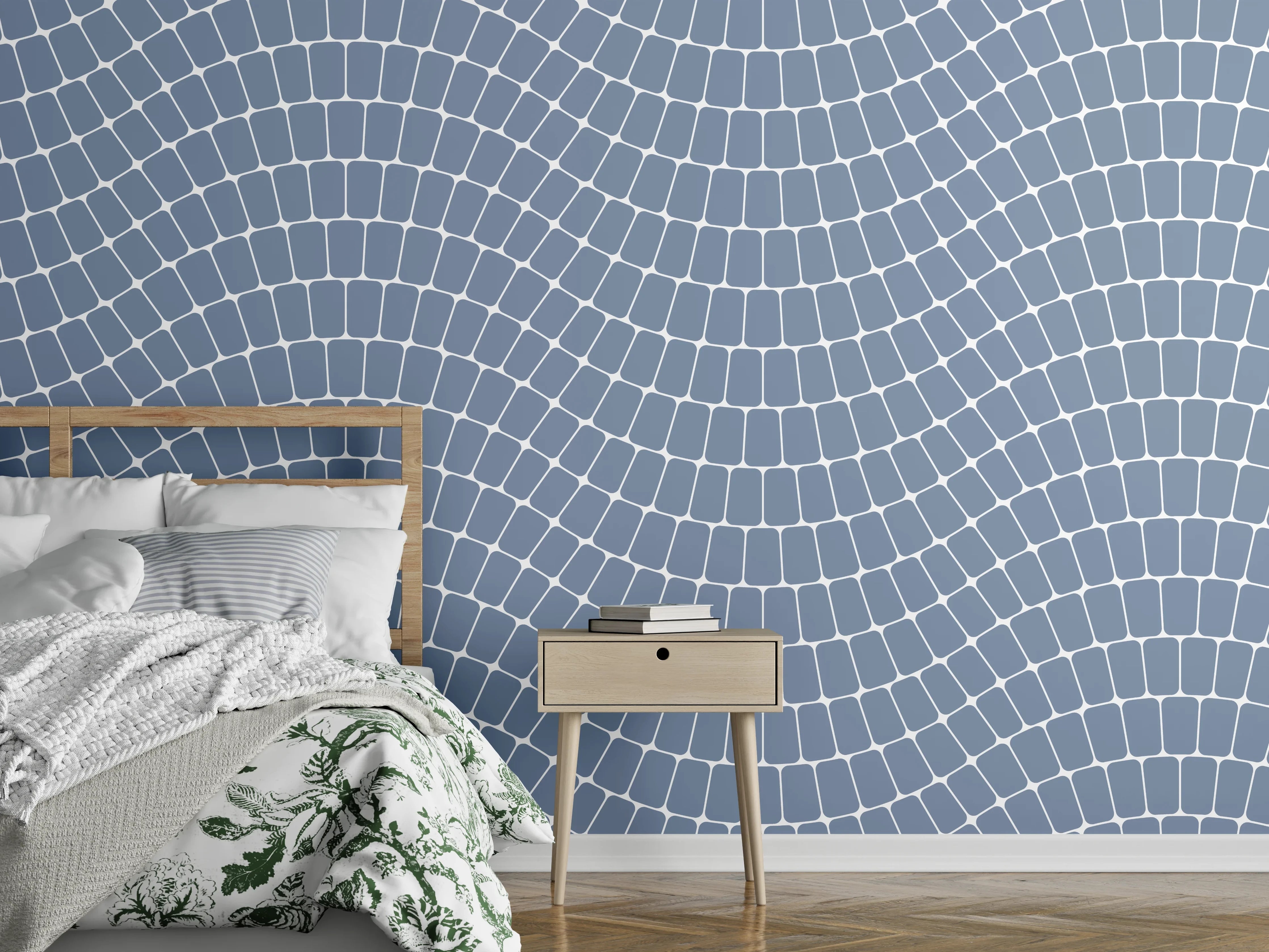 Wandverkleidung Schlafzimmer - Graue Wellenlinien auf weißem Grund