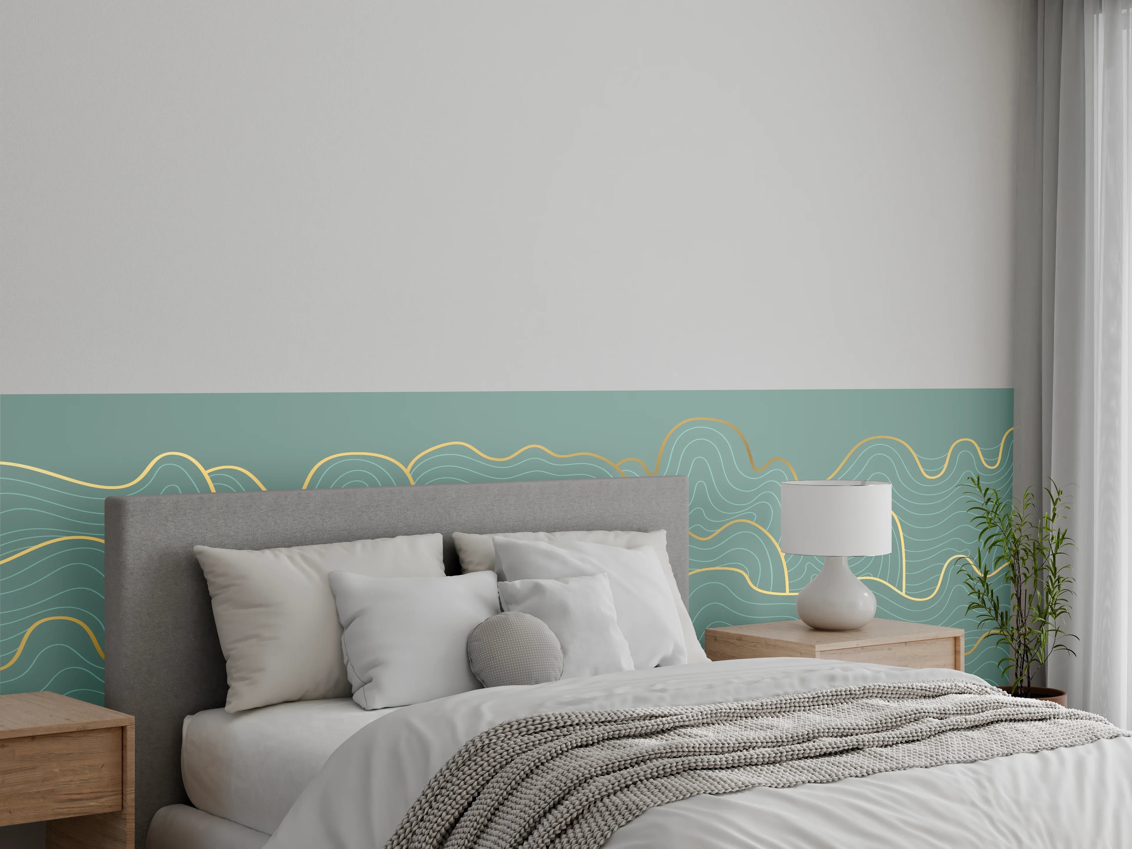 Wandverkleidung Schlafzimmer - Graue Wellenlinien mit Goldakzent
