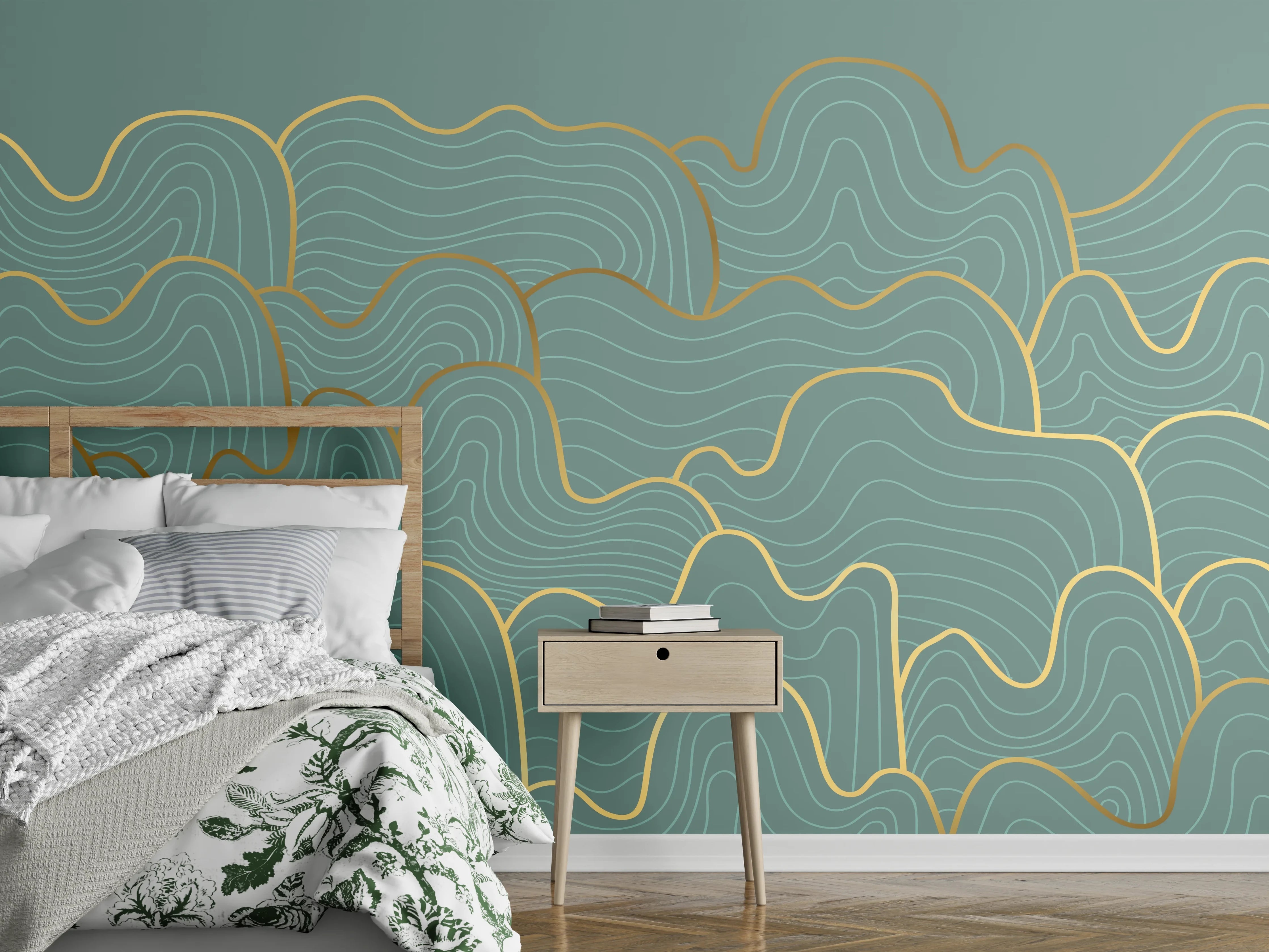 Wandverkleidung Schlafzimmer - Graue Wellenlinien mit Goldakzent