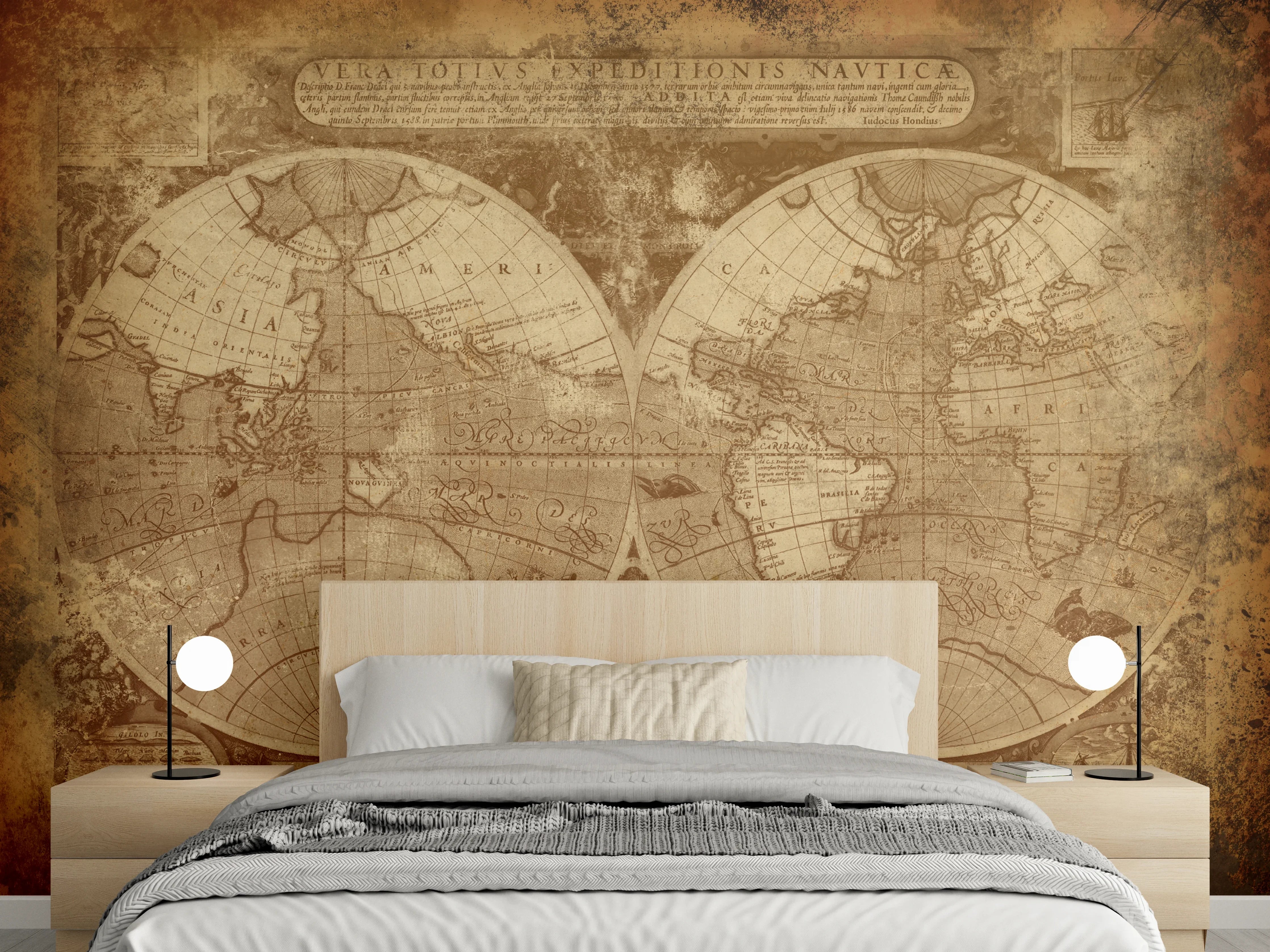 Wandverkleidung Schlafzimmer - Graue Weltkarte auf Weiß – Wandkunst