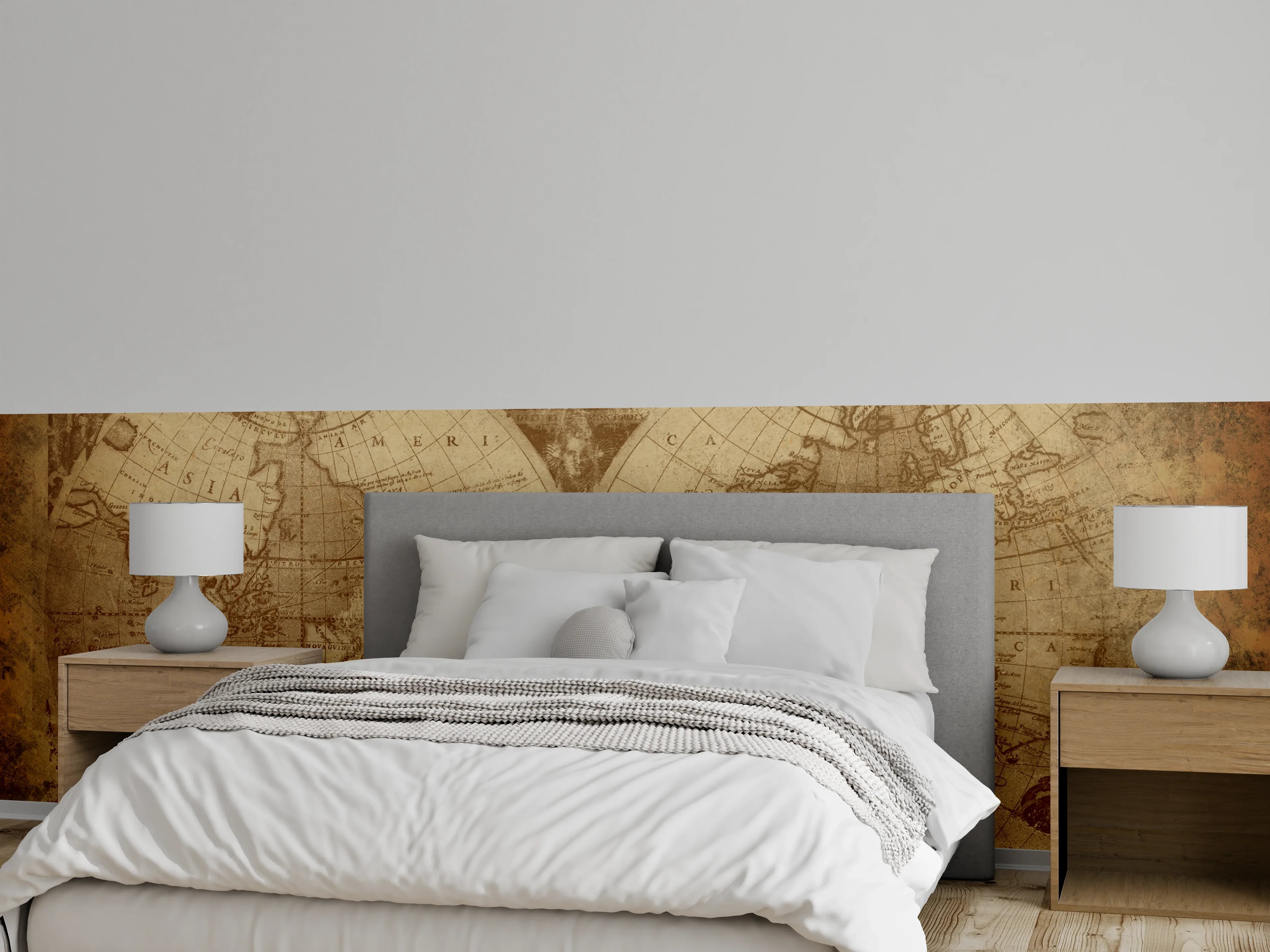 Wandverkleidung Schlafzimmer - Graue Weltkarte auf Weiß – Wandkunst