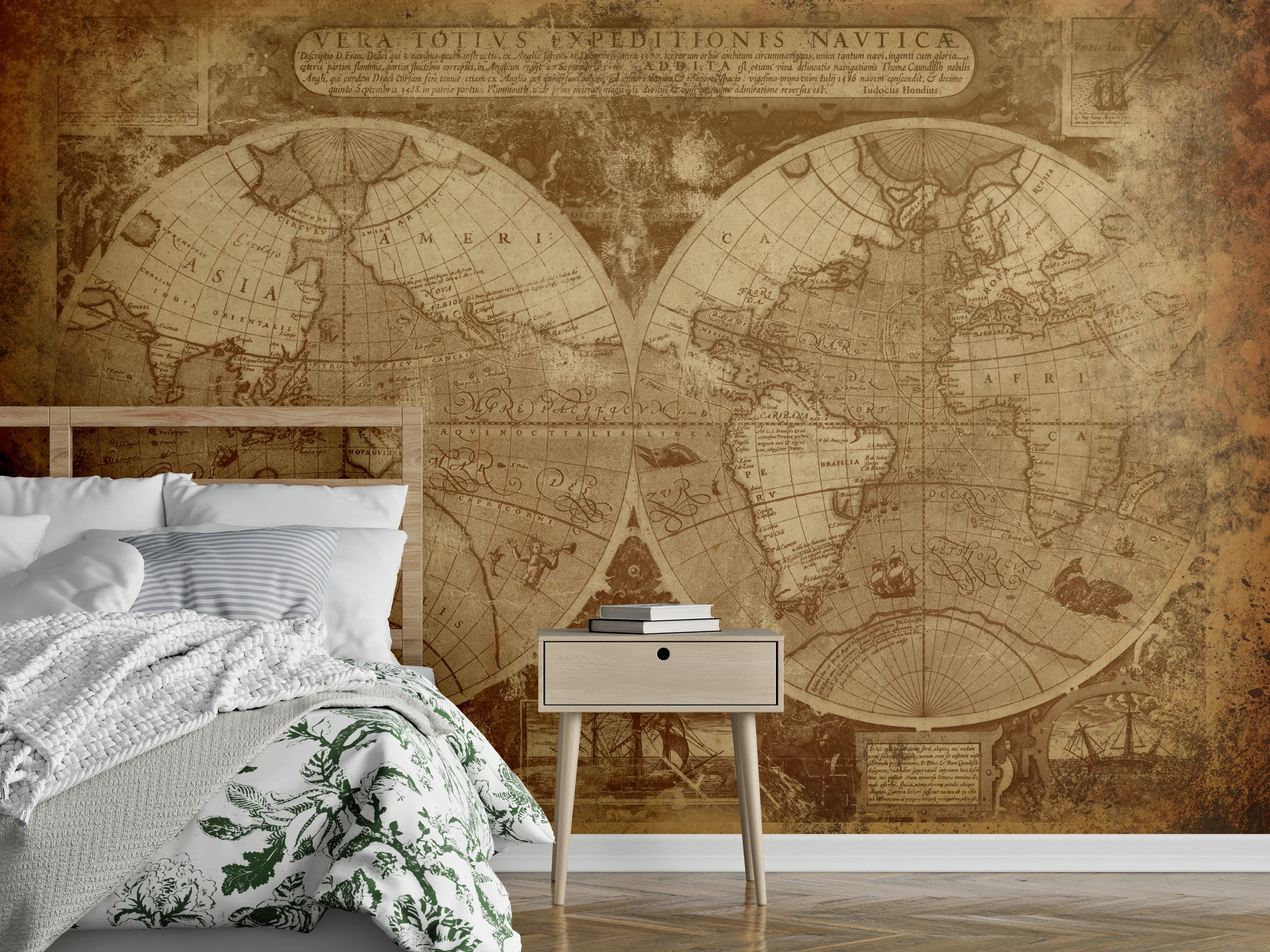 Wandverkleidung Schlafzimmer - Graue Weltkarte auf Weiß – Wandkunst