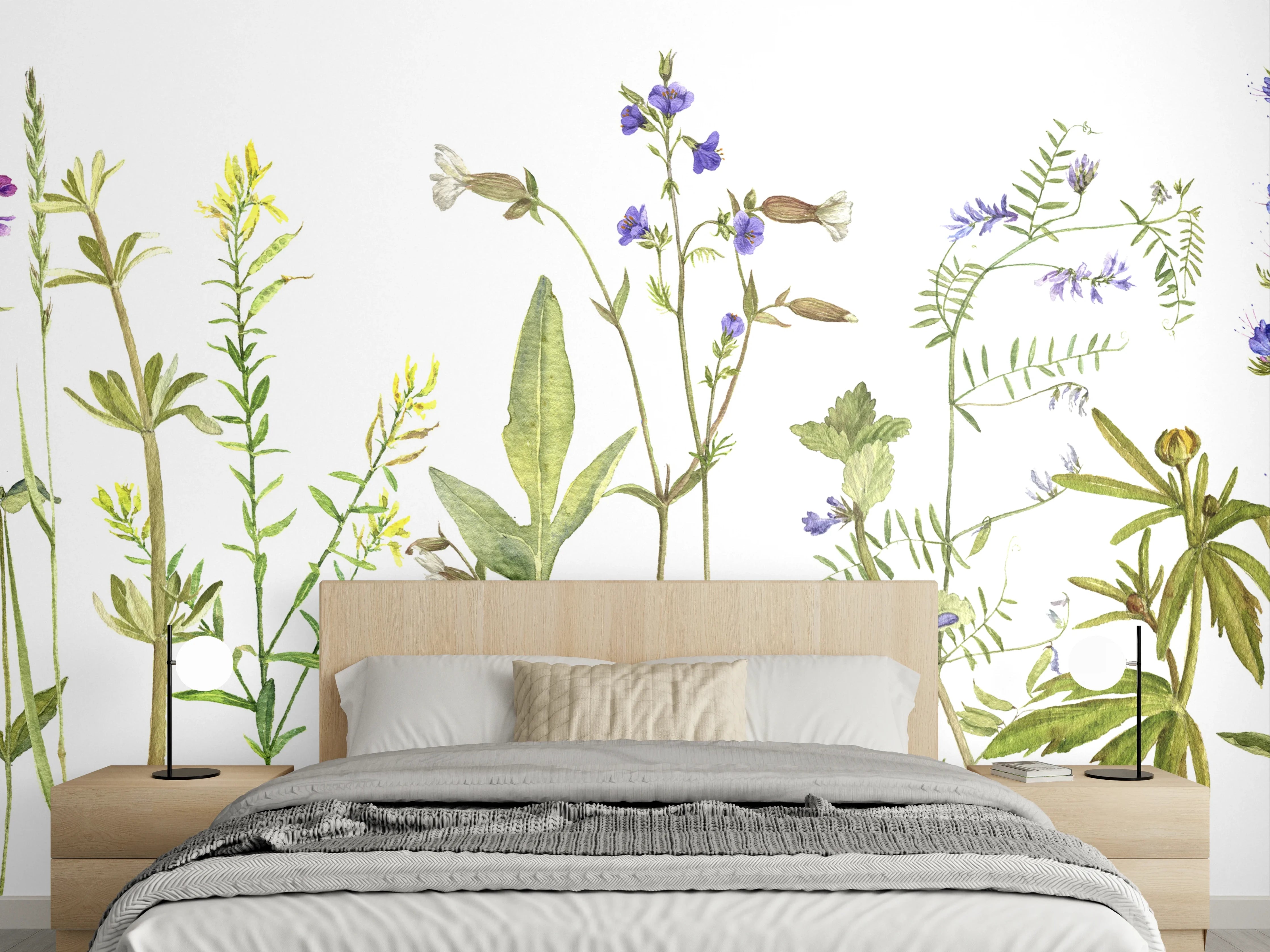 Wandverkleidung Schlafzimmer - Graue Wildblumenwiese Aquarellkunst