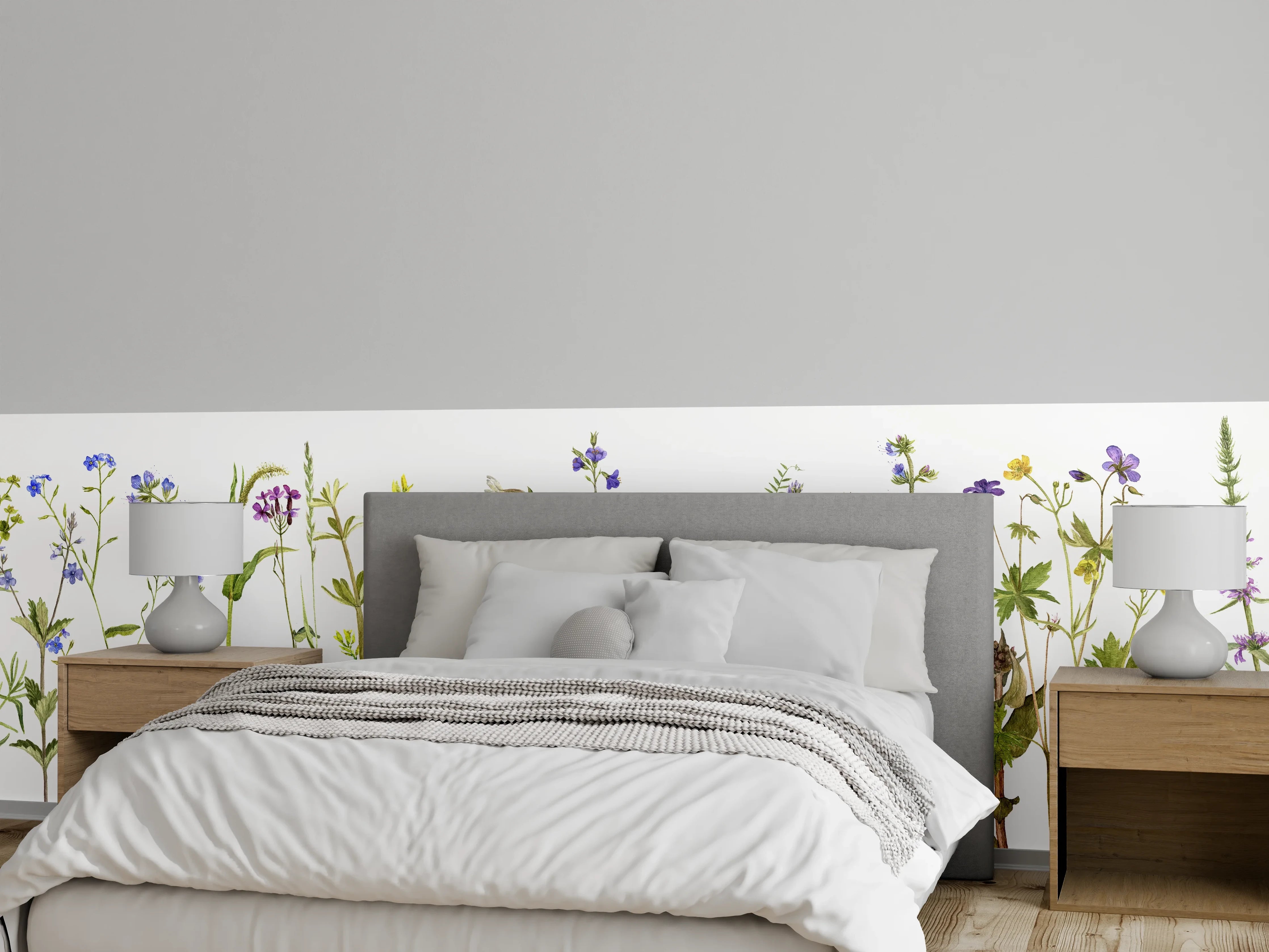 Wandverkleidung Schlafzimmer - Graue Wildblumenwiese Aquarellkunst