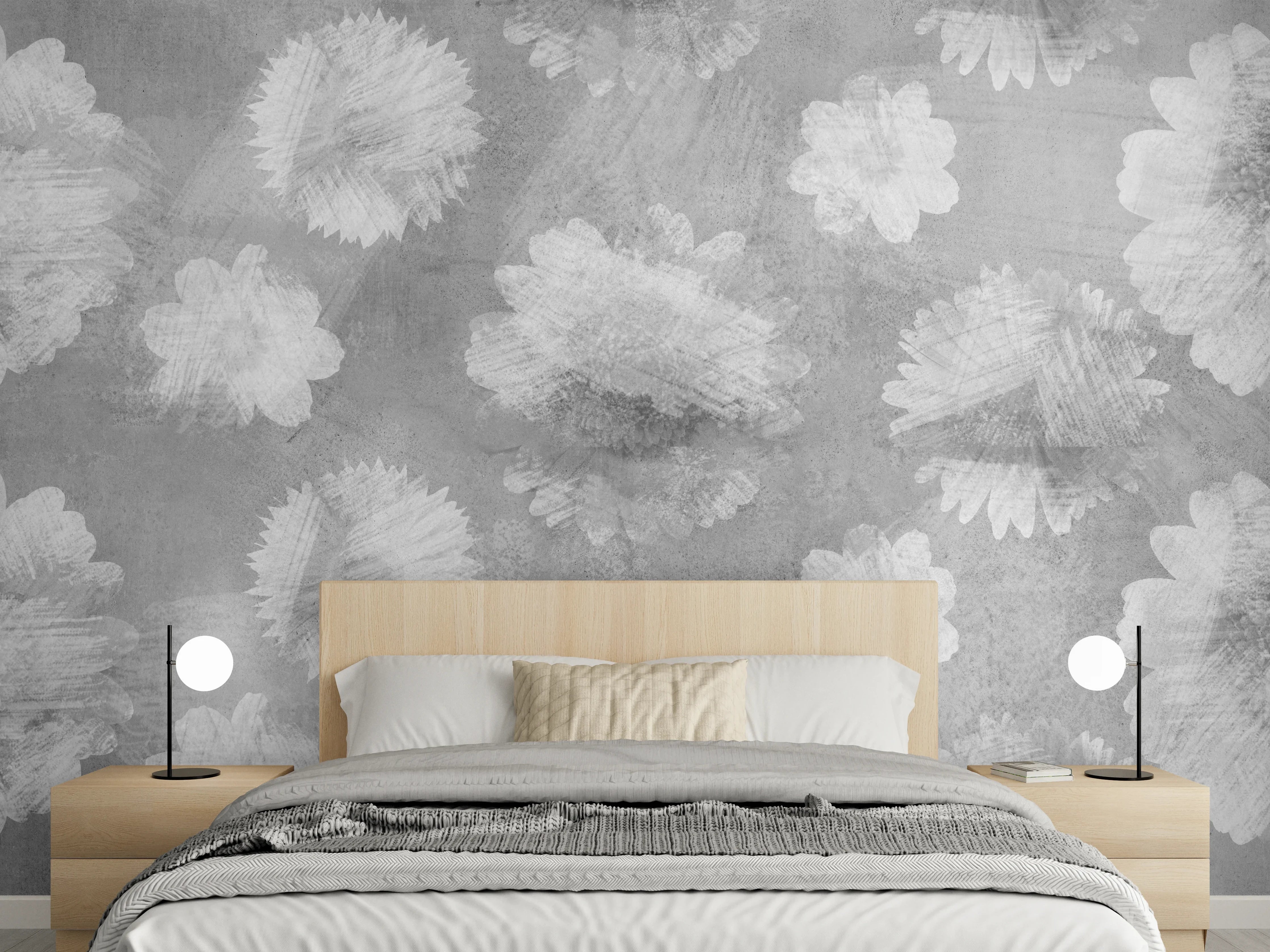 Wandverkleidung Schlafzimmer - Graue Zement Wand mit weißem Blumenmuster