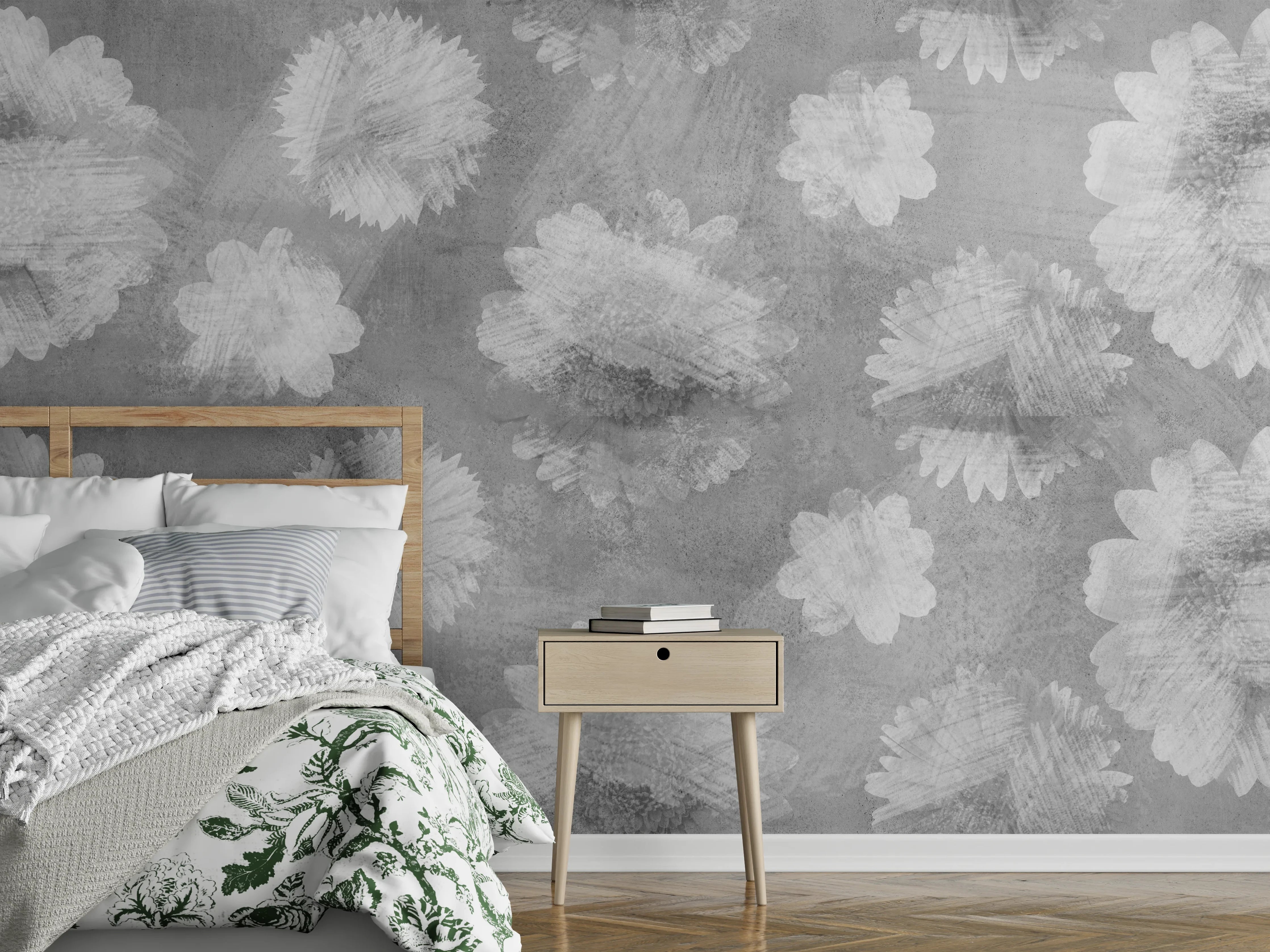 Wandverkleidung Schlafzimmer - Graue Zement Wand mit weißem Blumenmuster