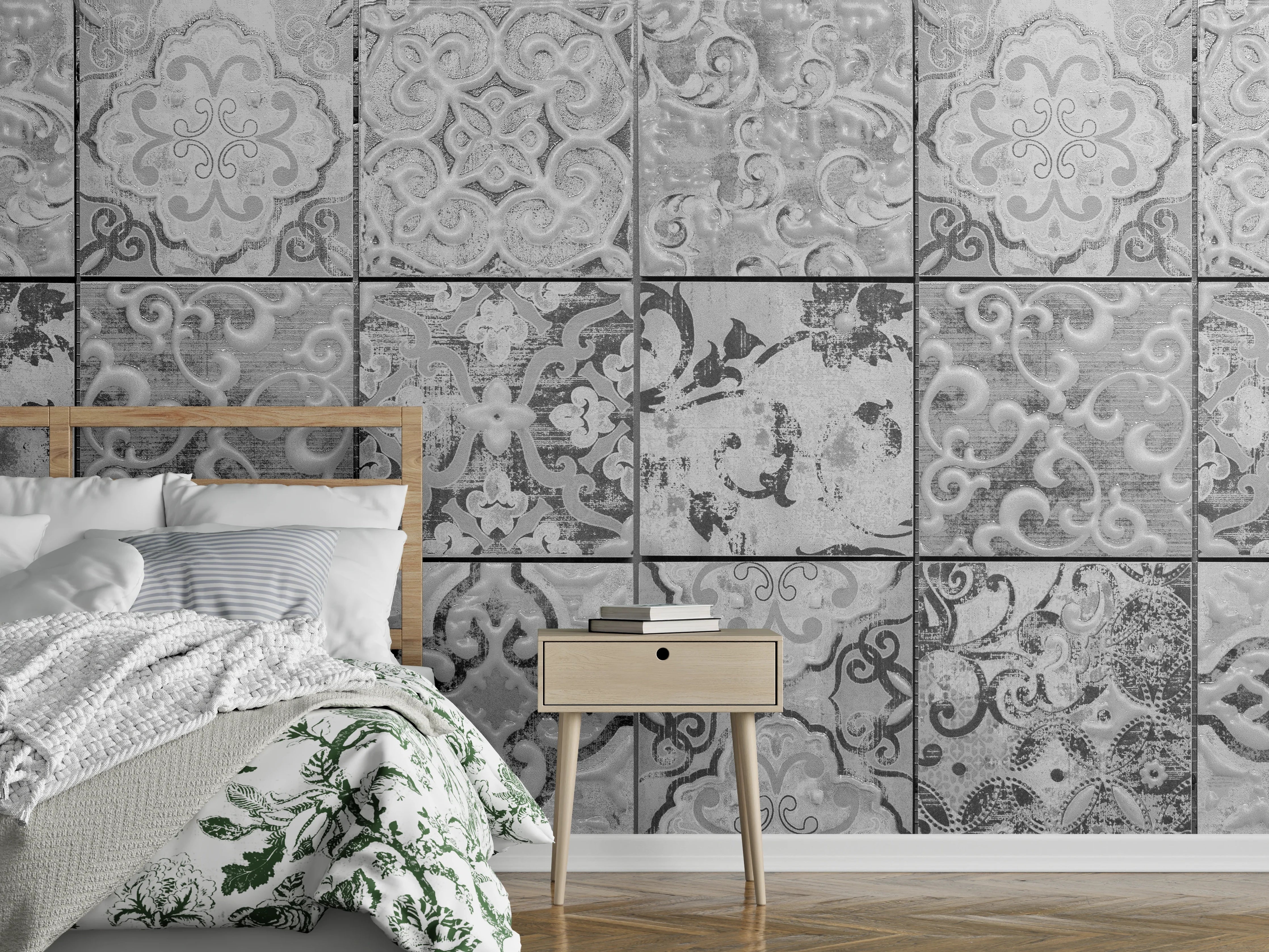 Wandverkleidung Schlafzimmer - Graue rechteckige Vintage Zementwand