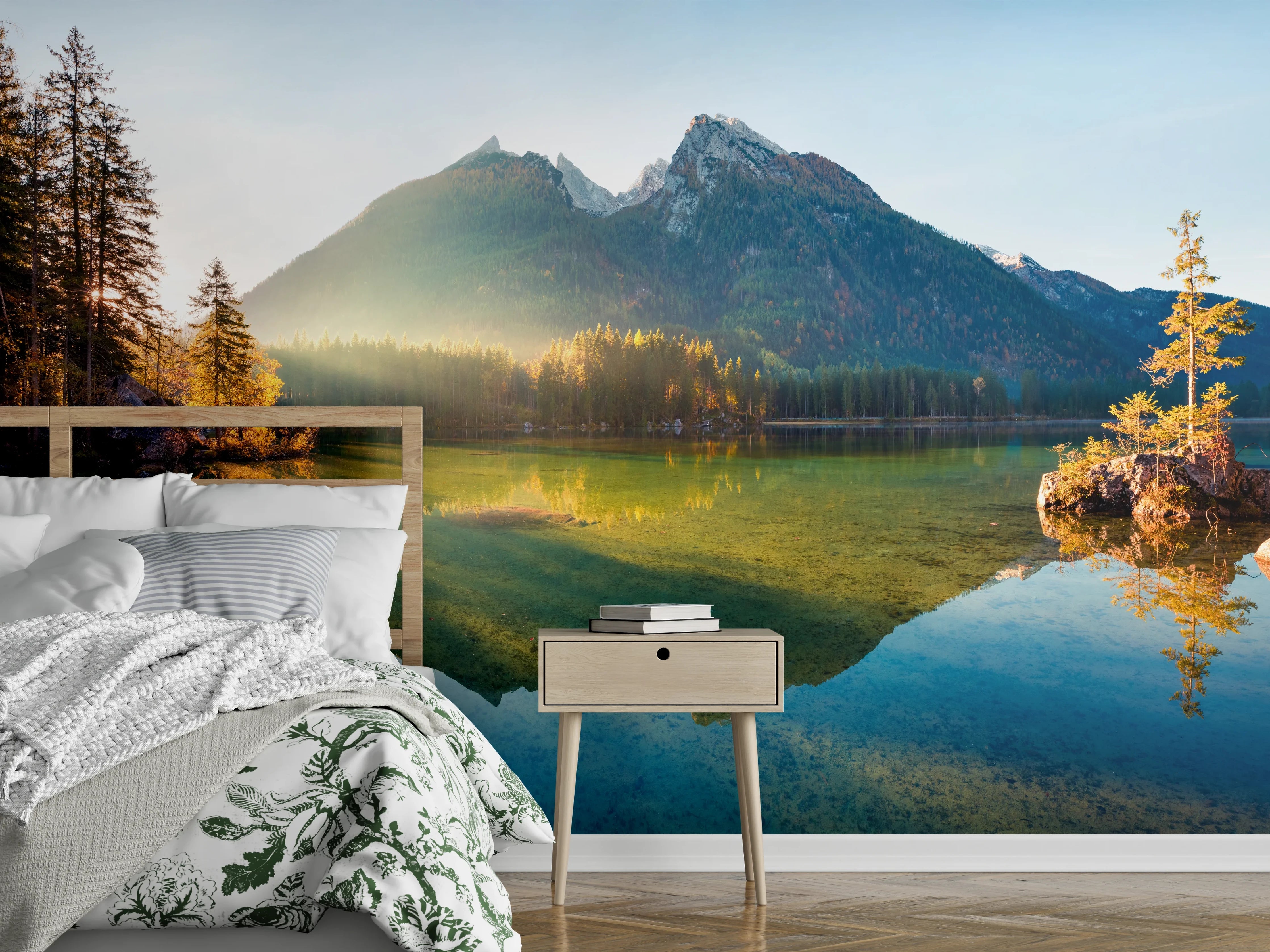 Wandverkleidung Schlafzimmer - Grauer Bergseezauber – Natur Wandkunst