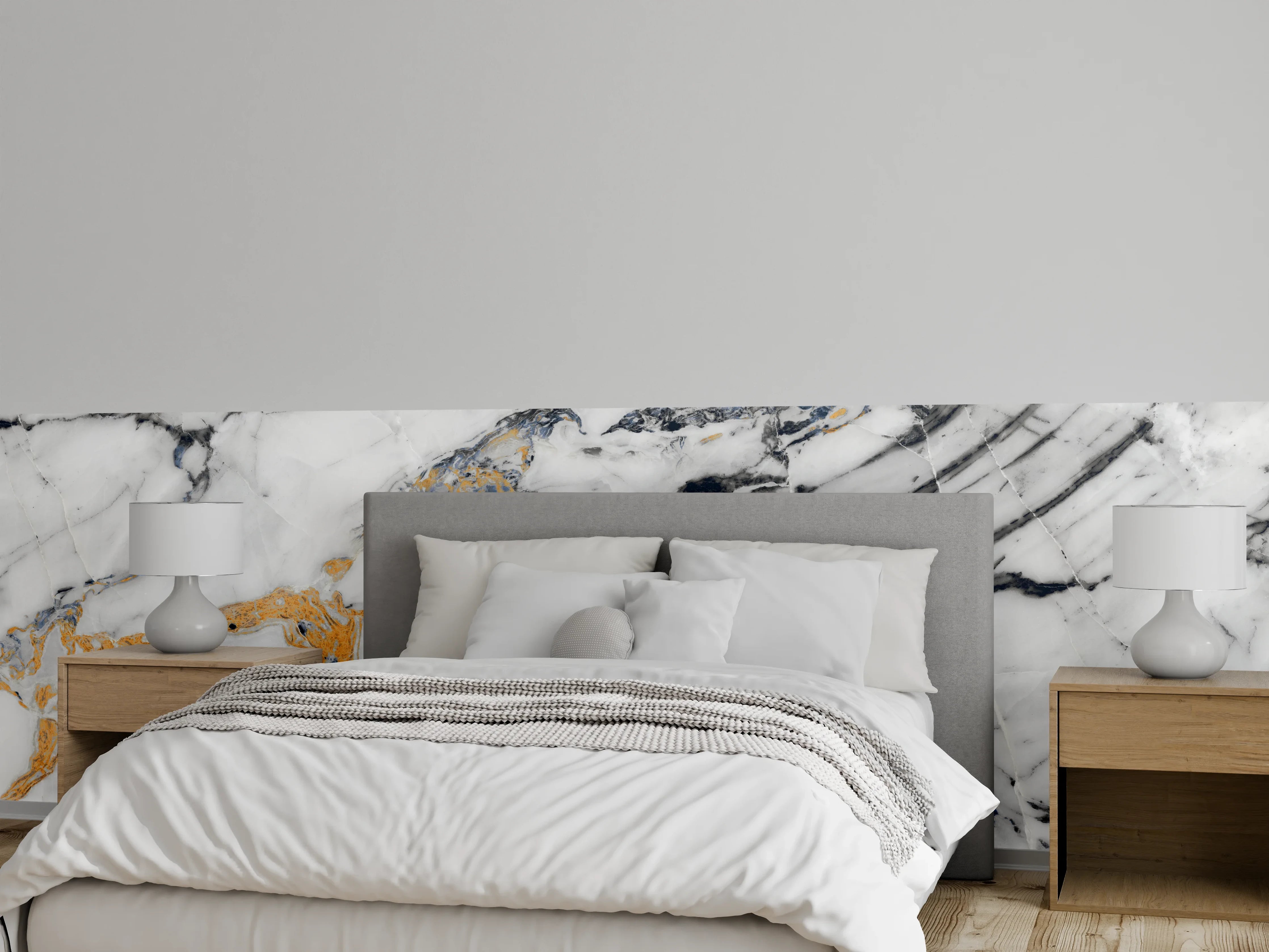 Wandverkleidung Schlafzimmer - Grauer Marmor mit goldenen Fäden