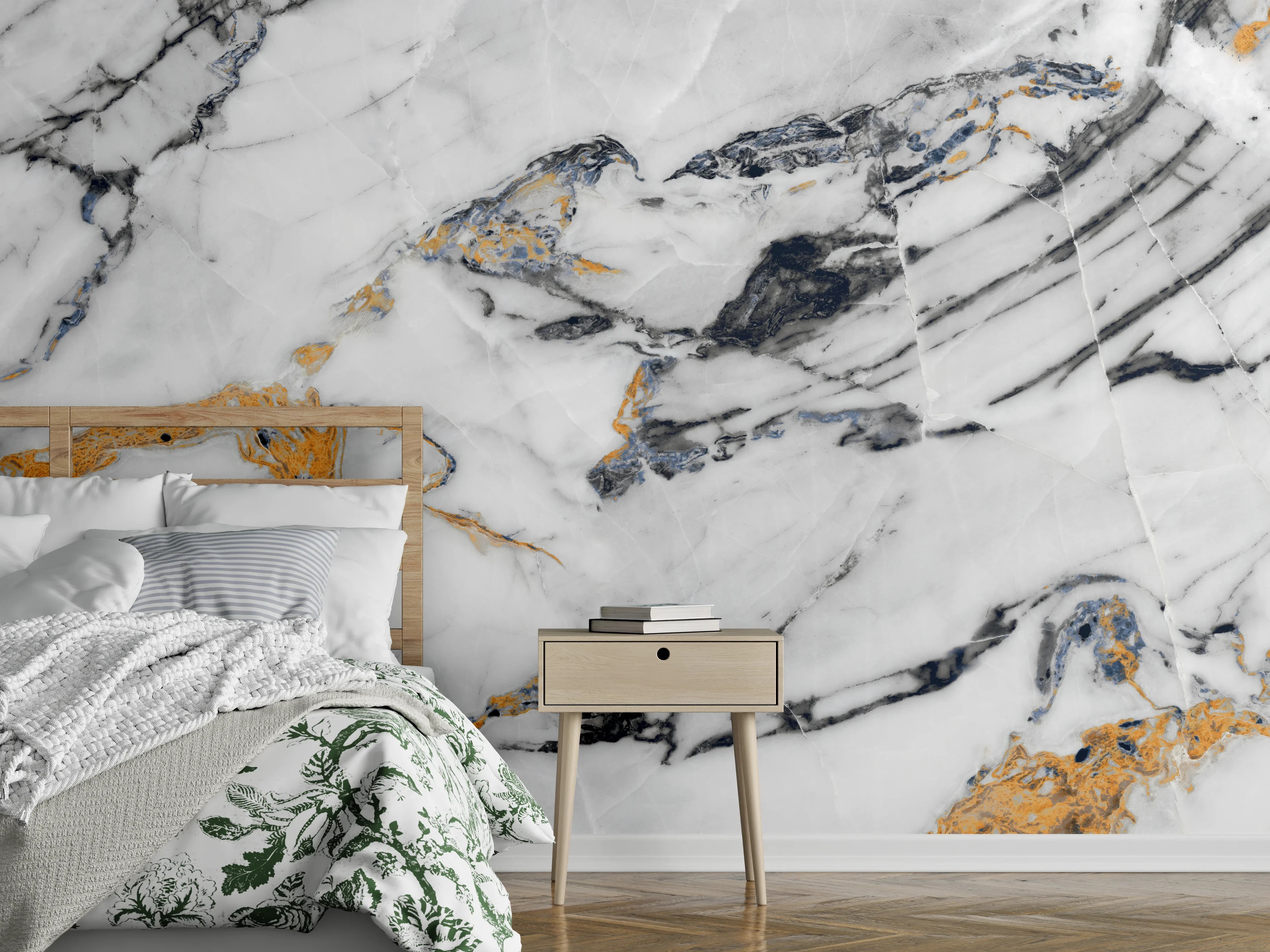 Wandverkleidung Schlafzimmer - Grauer Marmor mit goldenen Fäden