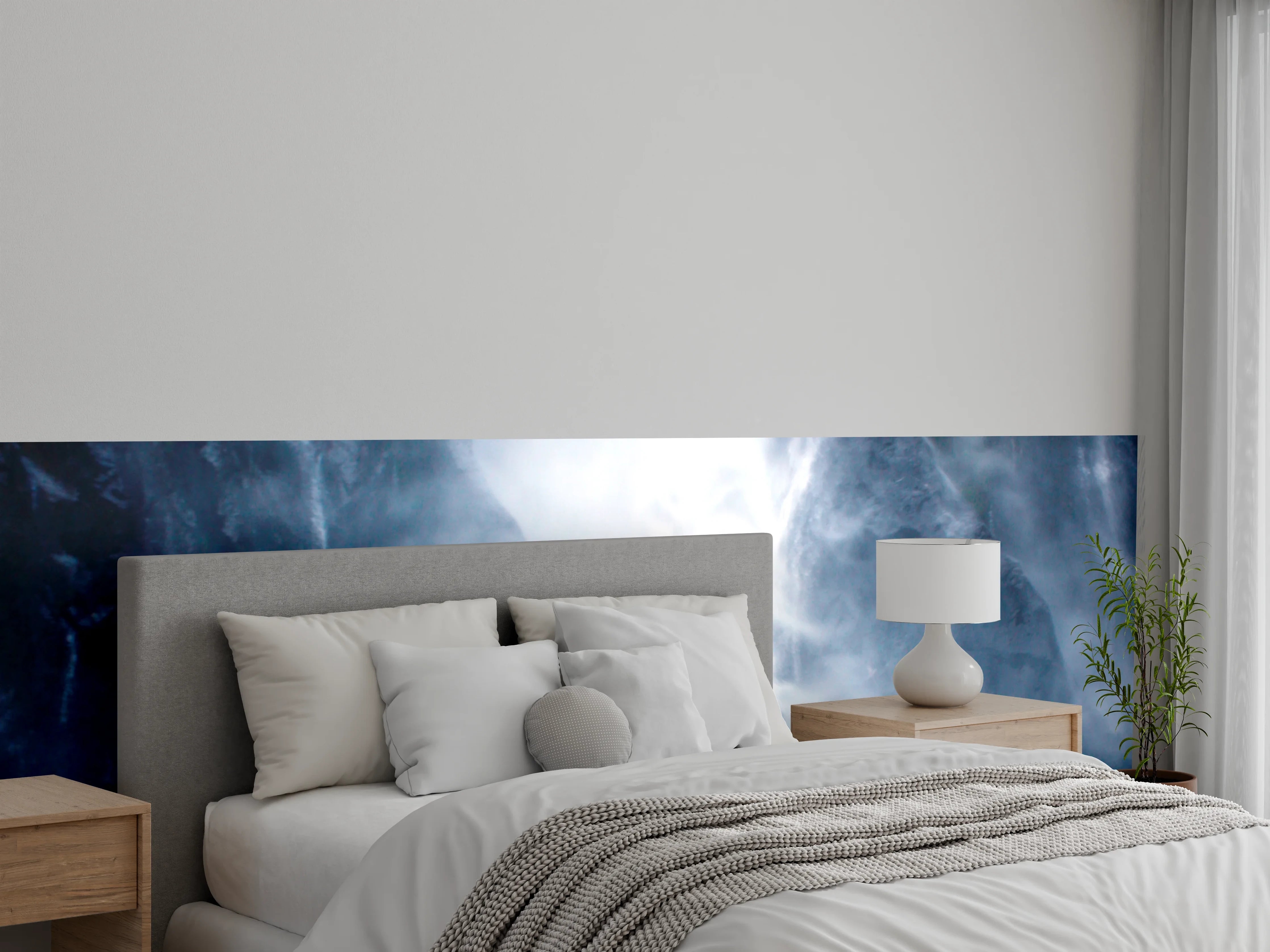 Wandverkleidung Schlafzimmer - Grauer Schleier über weißem Wasserfall