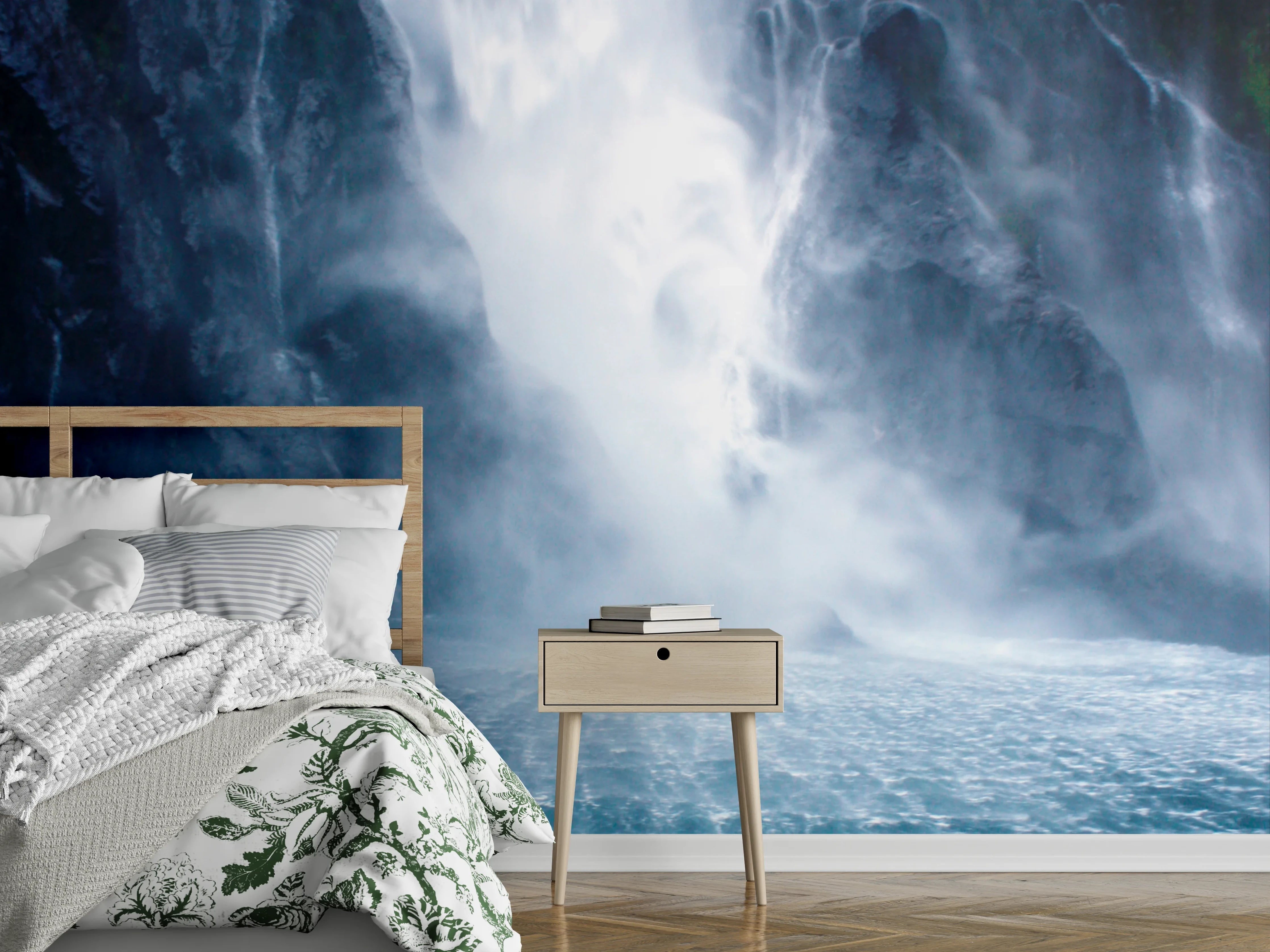Wandverkleidung Schlafzimmer - Grauer Schleier über weißem Wasserfall