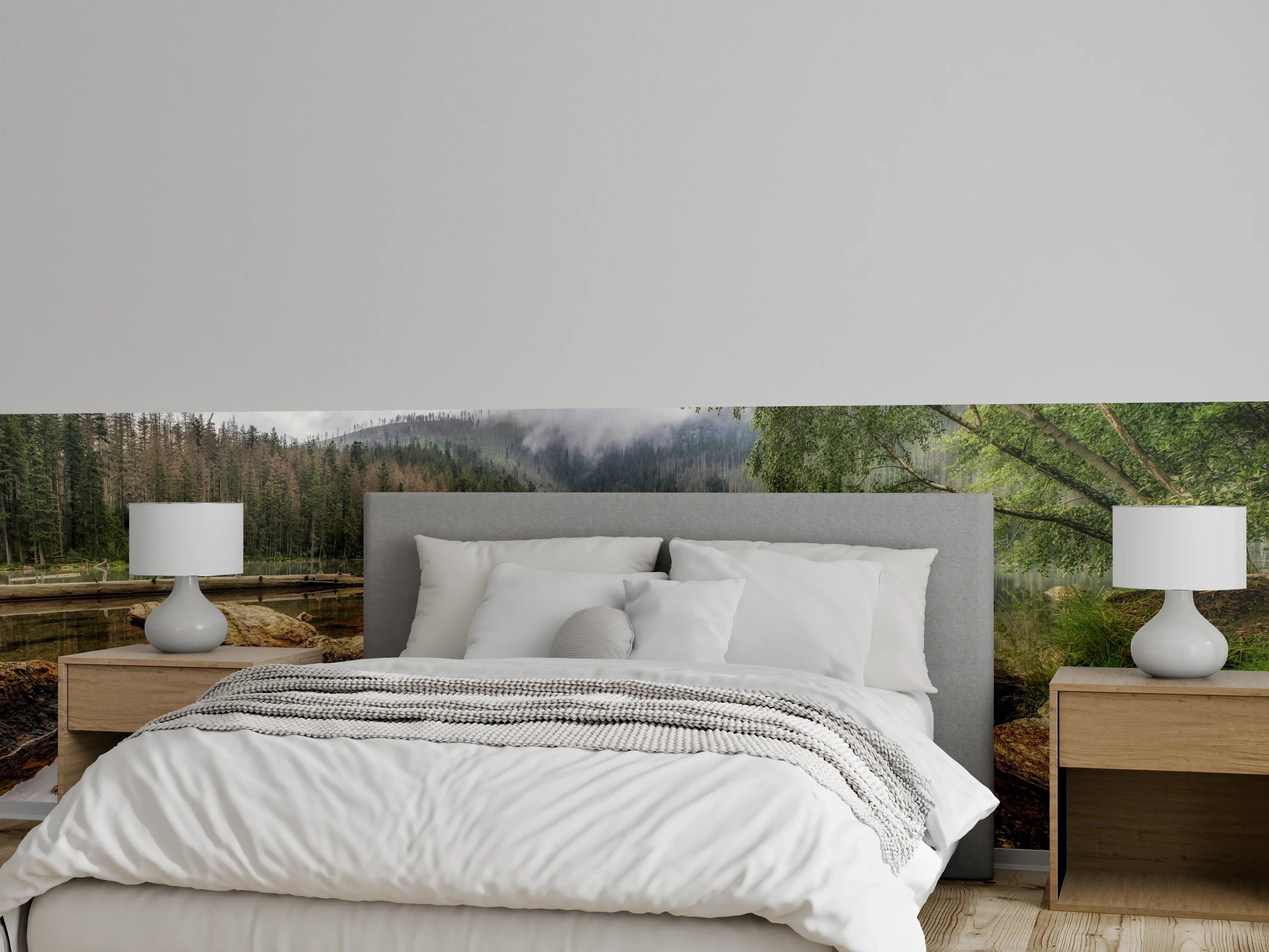 Wandverkleidung Schlafzimmer - Grauer See im weißen Forst