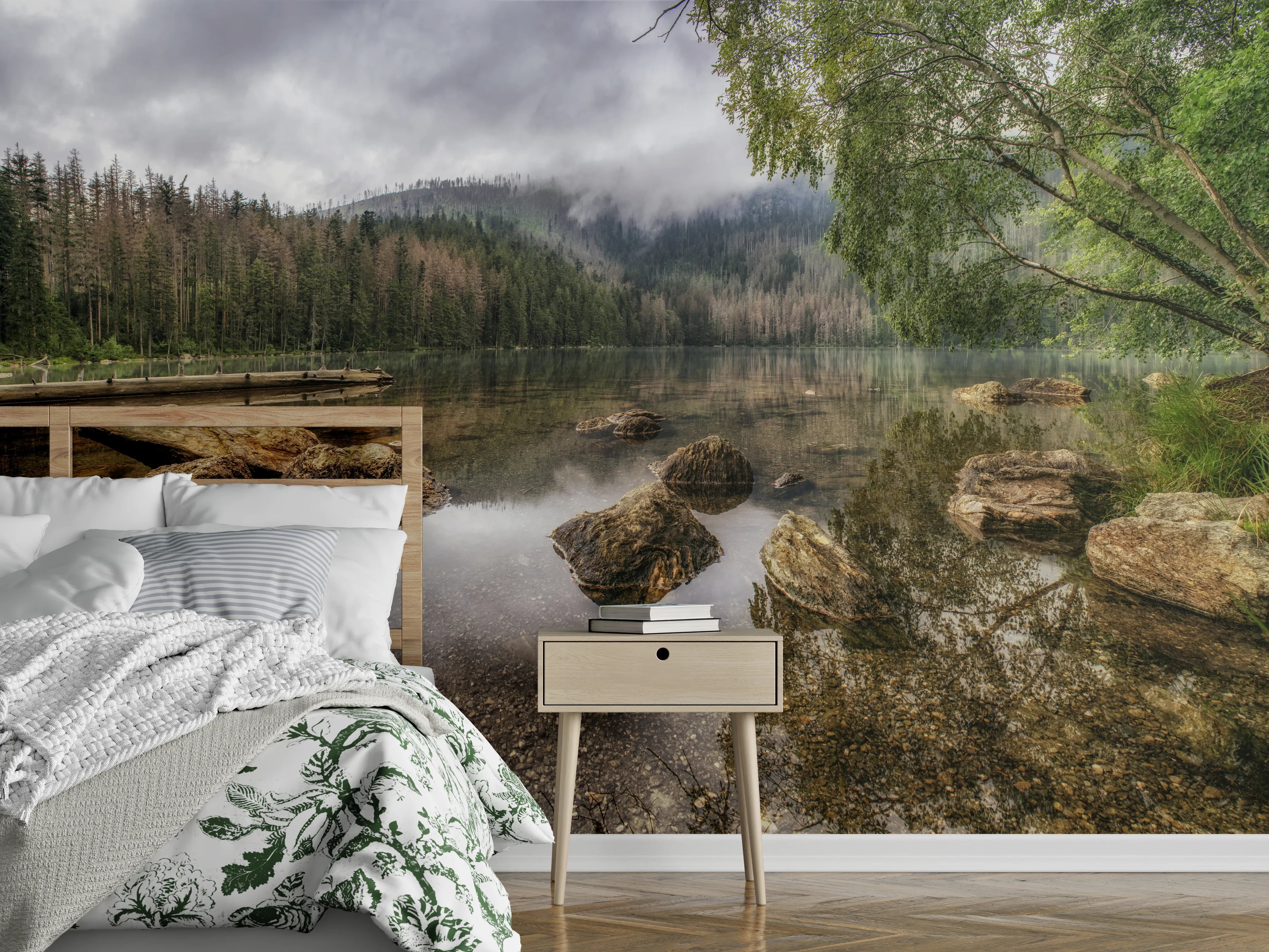 Wandverkleidung Schlafzimmer - Grauer See im weißen Forst