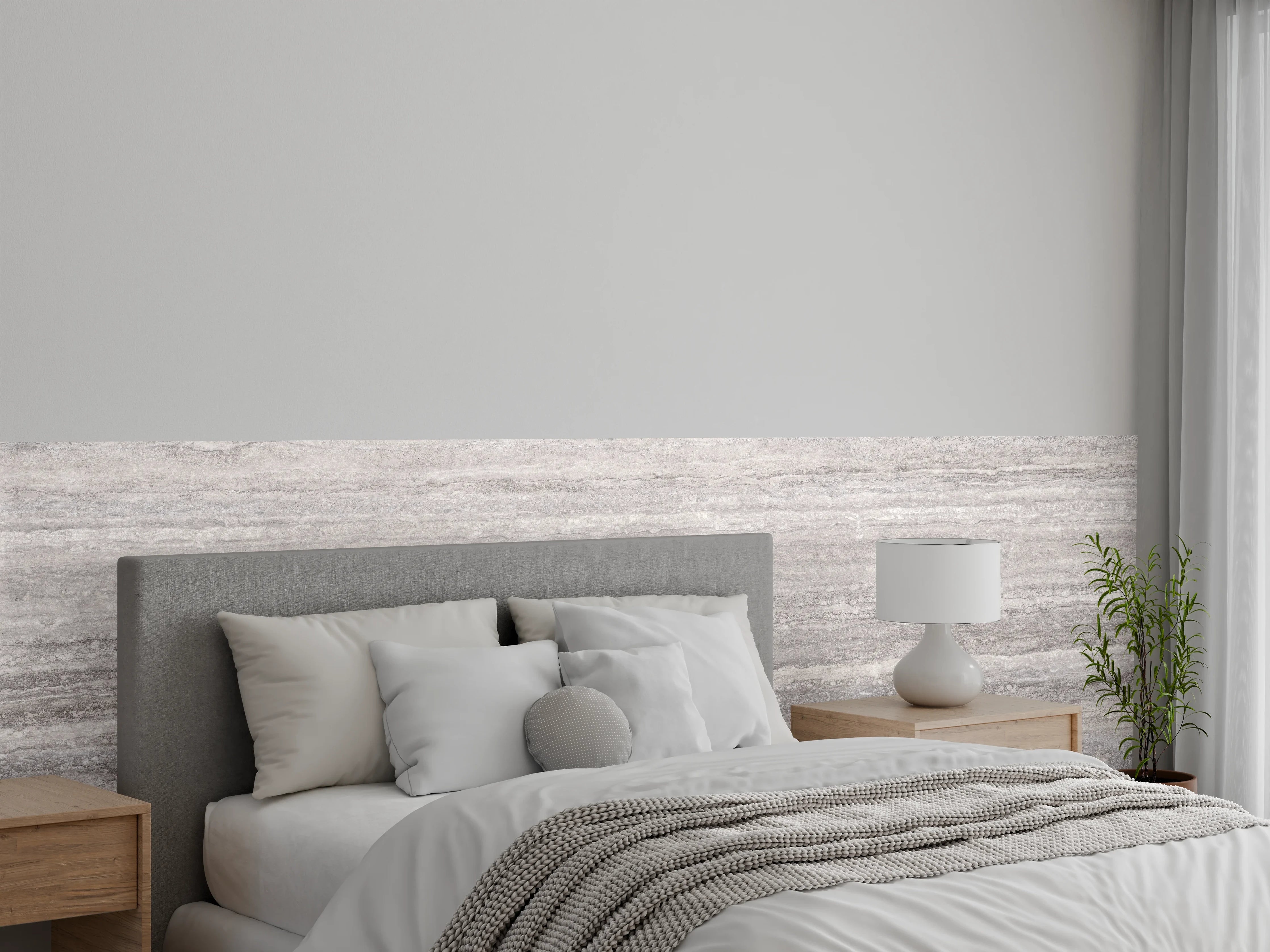 Wandverkleidung Schlafzimmer - Grauer Travertin Stein