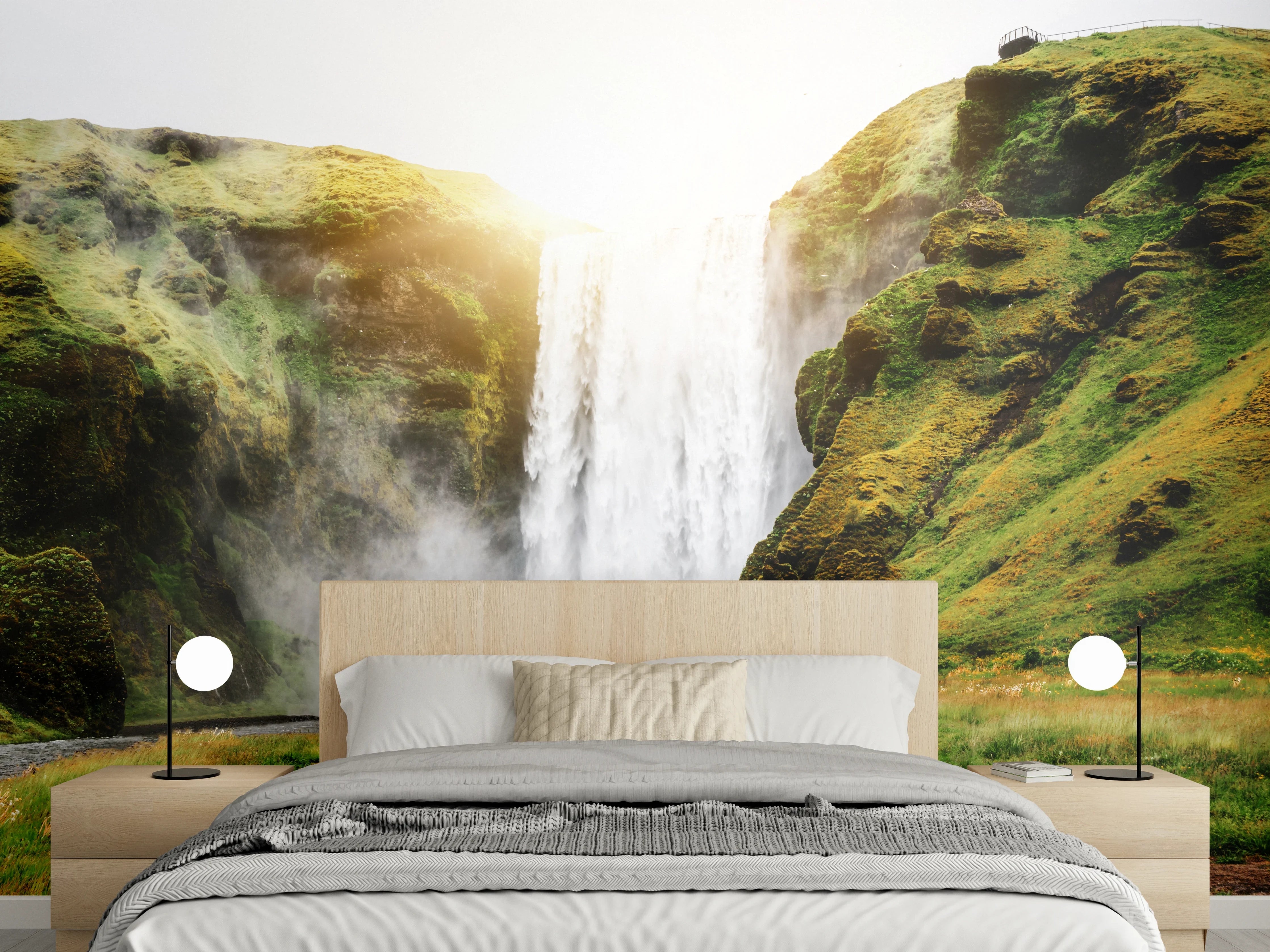 Wandverkleidung Schlafzimmer - Grauer Wasserfall vor weißer Kulisse