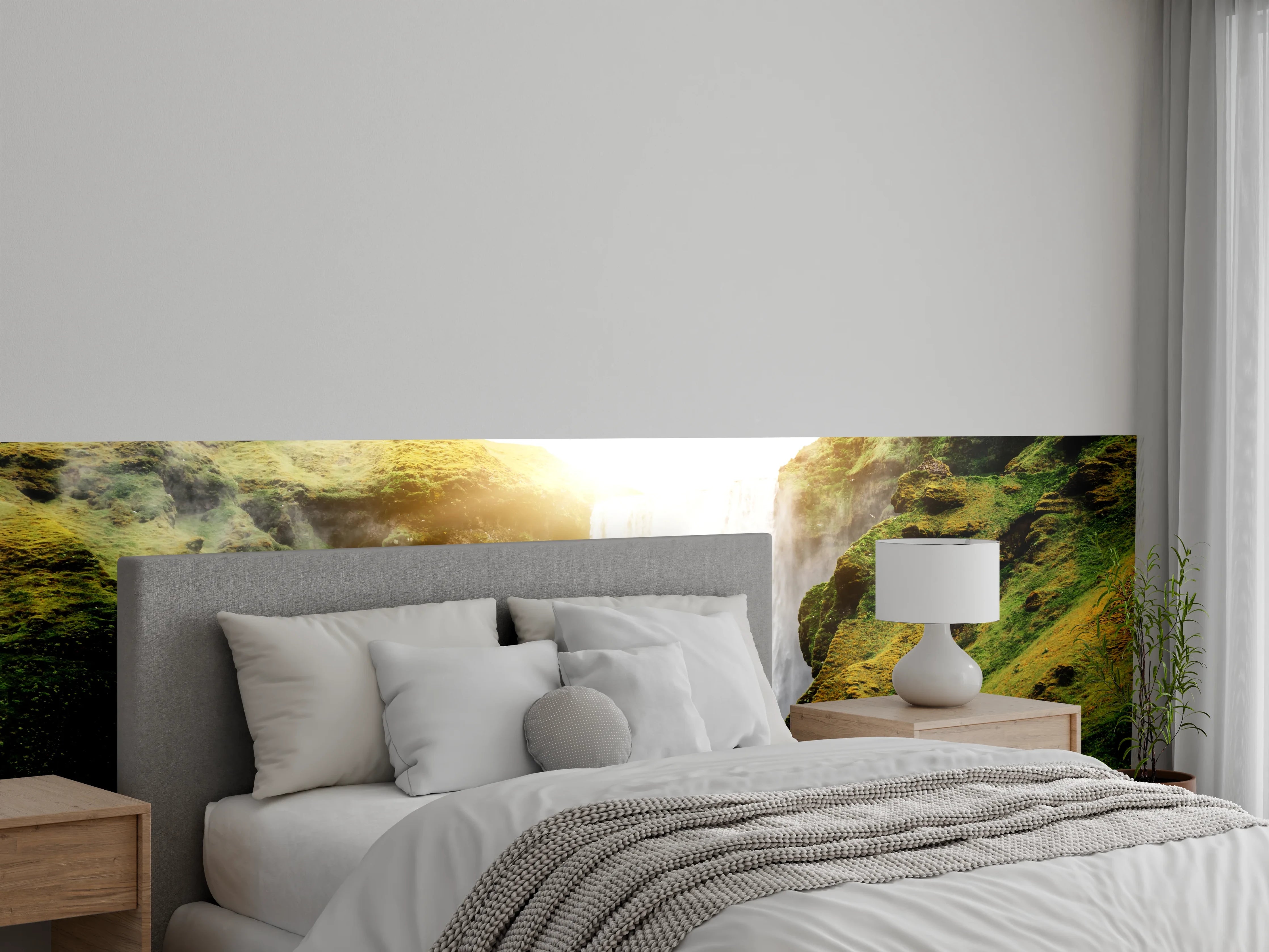 Wandverkleidung Schlafzimmer - Grauer Wasserfall vor weißer Kulisse