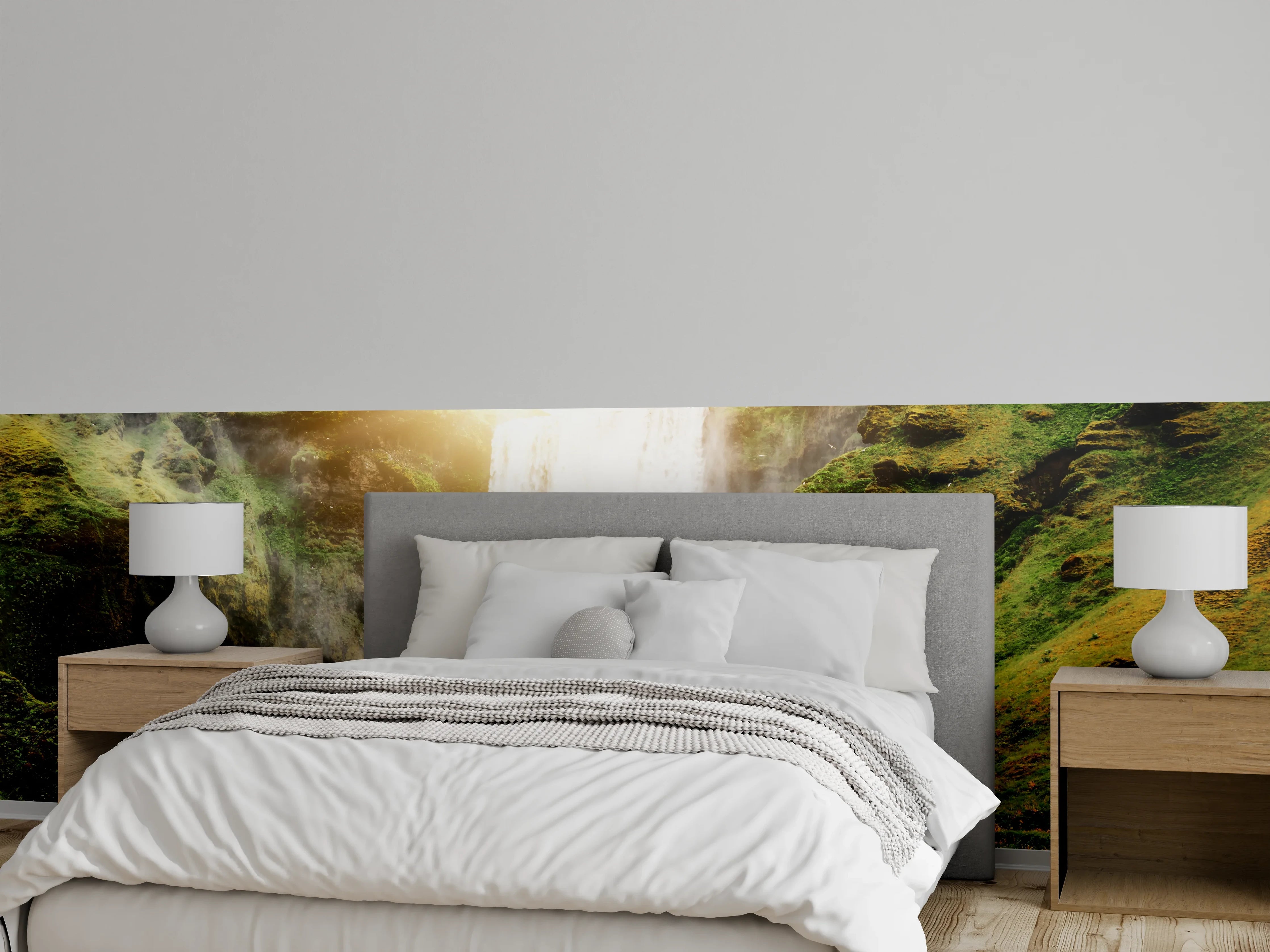 Wandverkleidung Schlafzimmer - Grauer Wasserfall vor weißer Kulisse