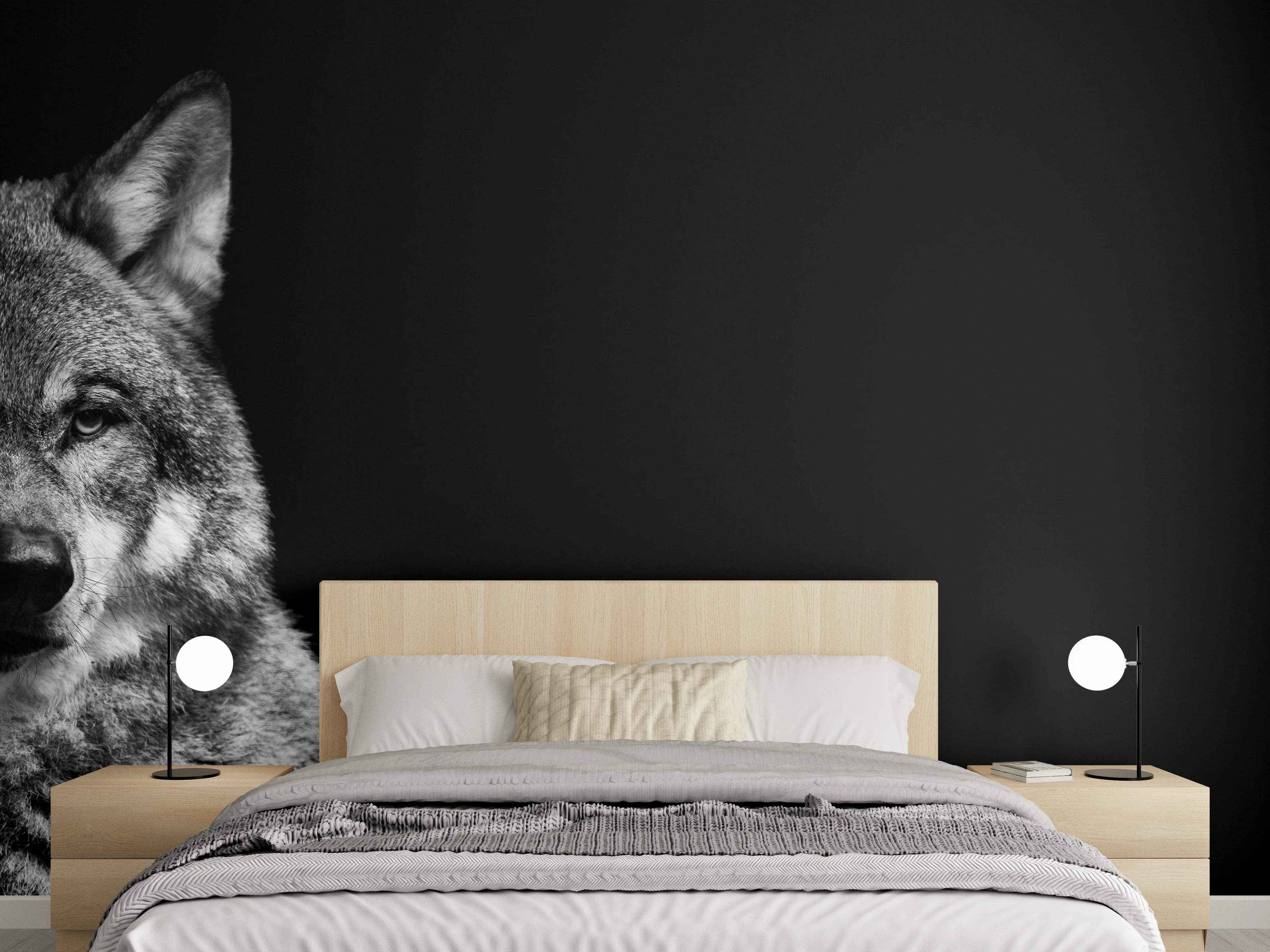 Wandverkleidung Schlafzimmer - Grauer Wolf auf schwarzem Hintergrund