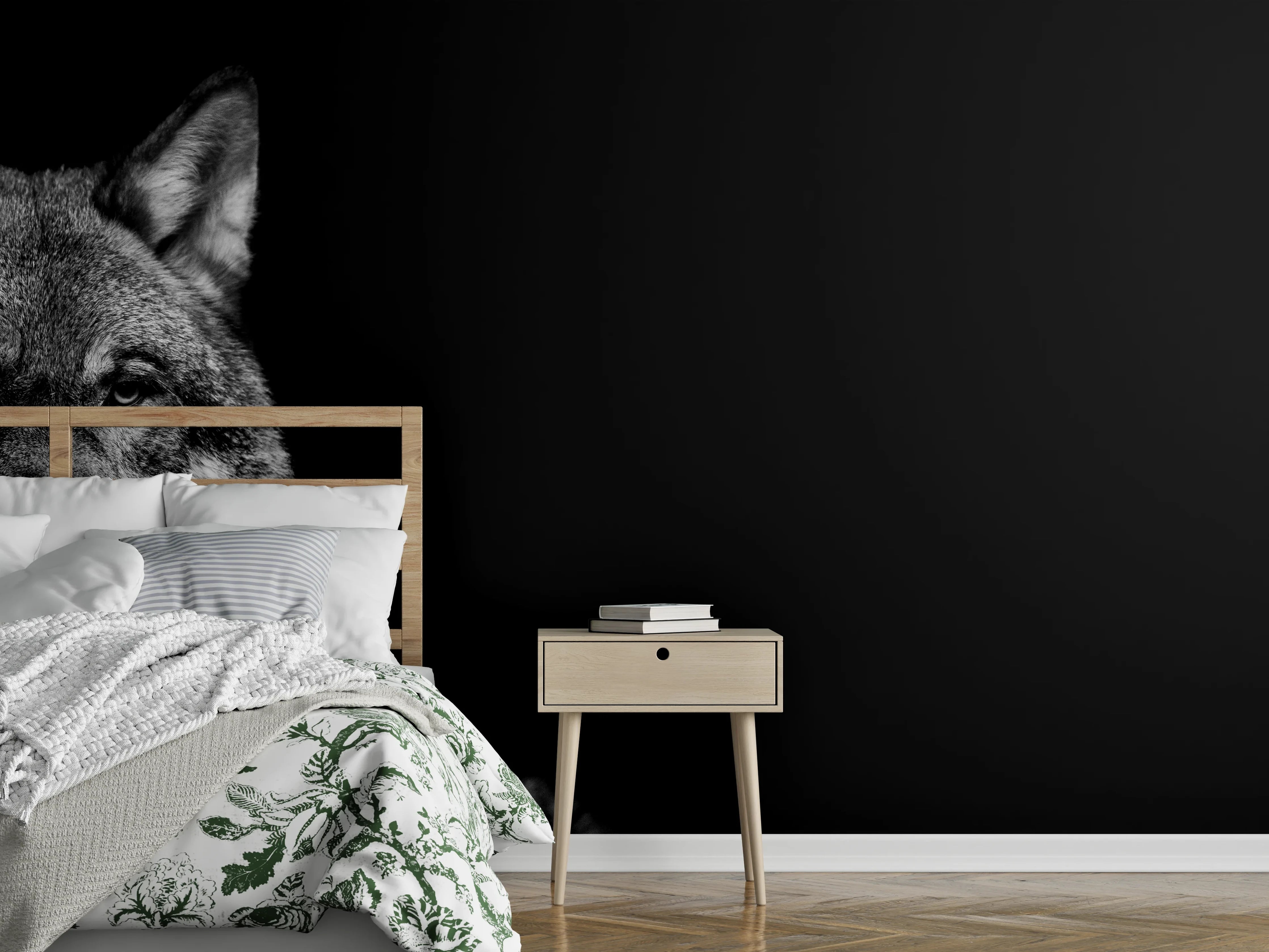Wandverkleidung Schlafzimmer - Grauer Wolf auf schwarzem Hintergrund