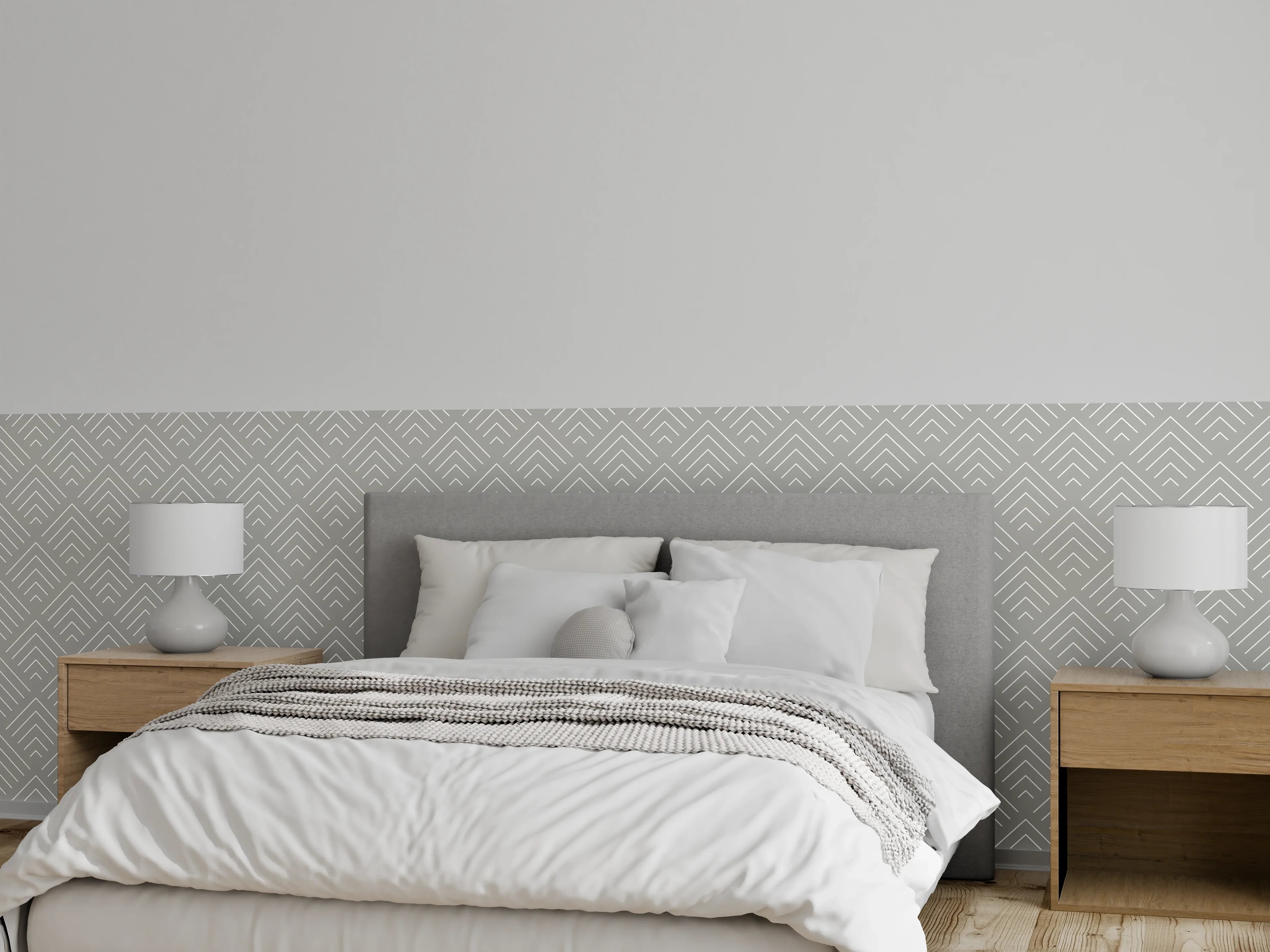 Wandverkleidung Schlafzimmer - Graues Art-Deko-Muster auf Weiß