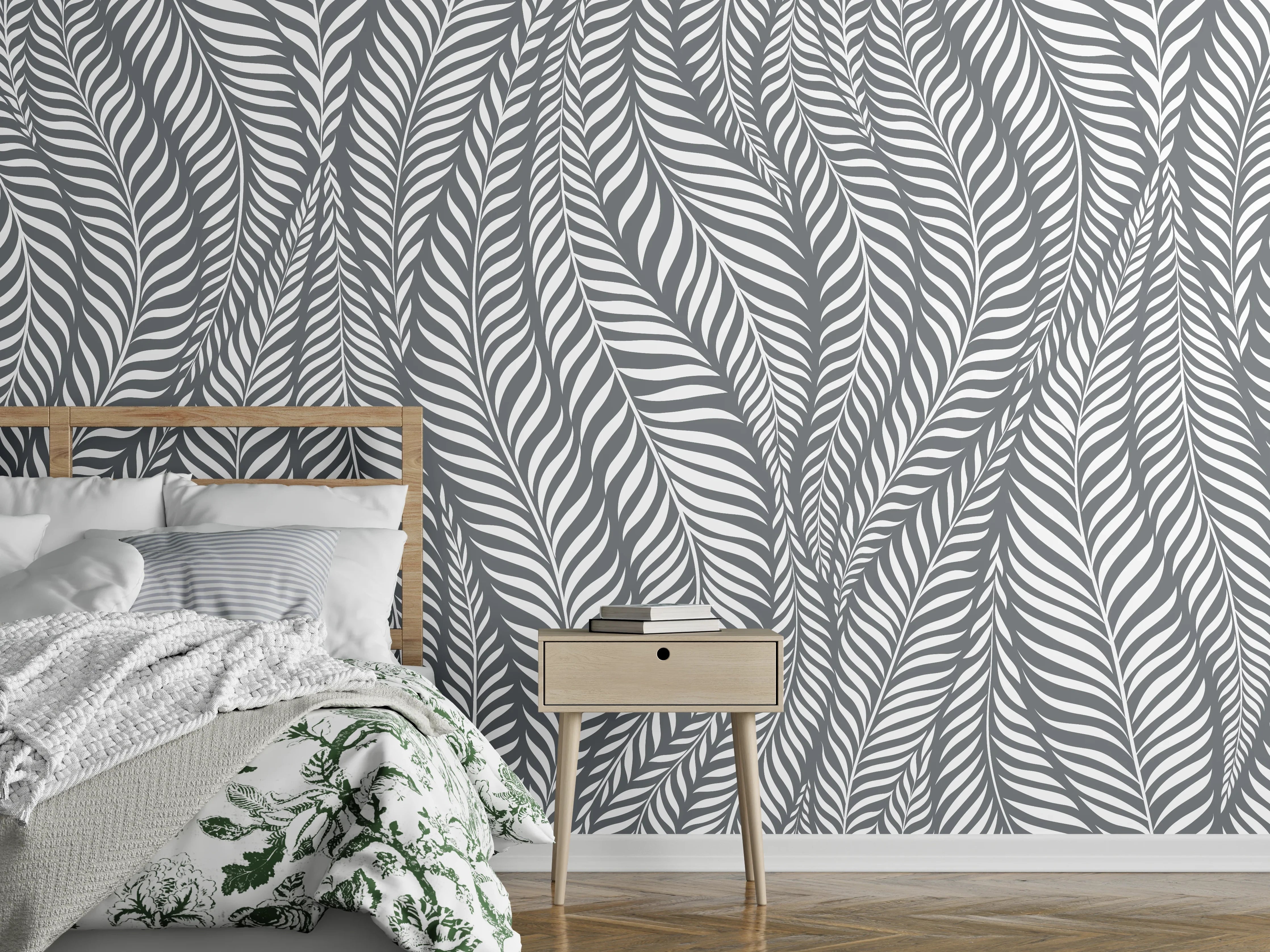 Wandverkleidung Schlafzimmer - Graues Blättermuster mit eleganter Linienführung