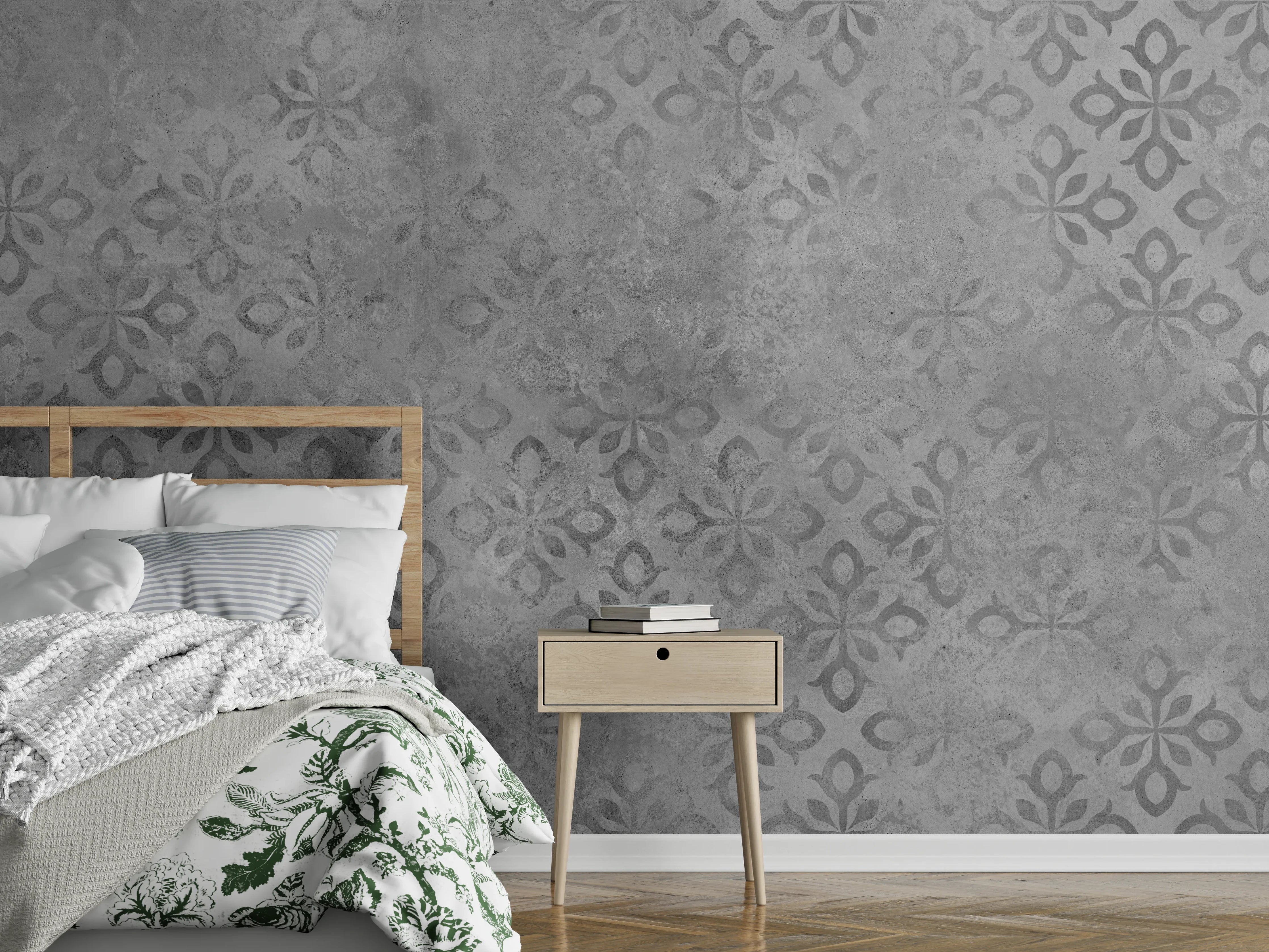 Wandverkleidung Schlafzimmer - Graues Ornament Muster 