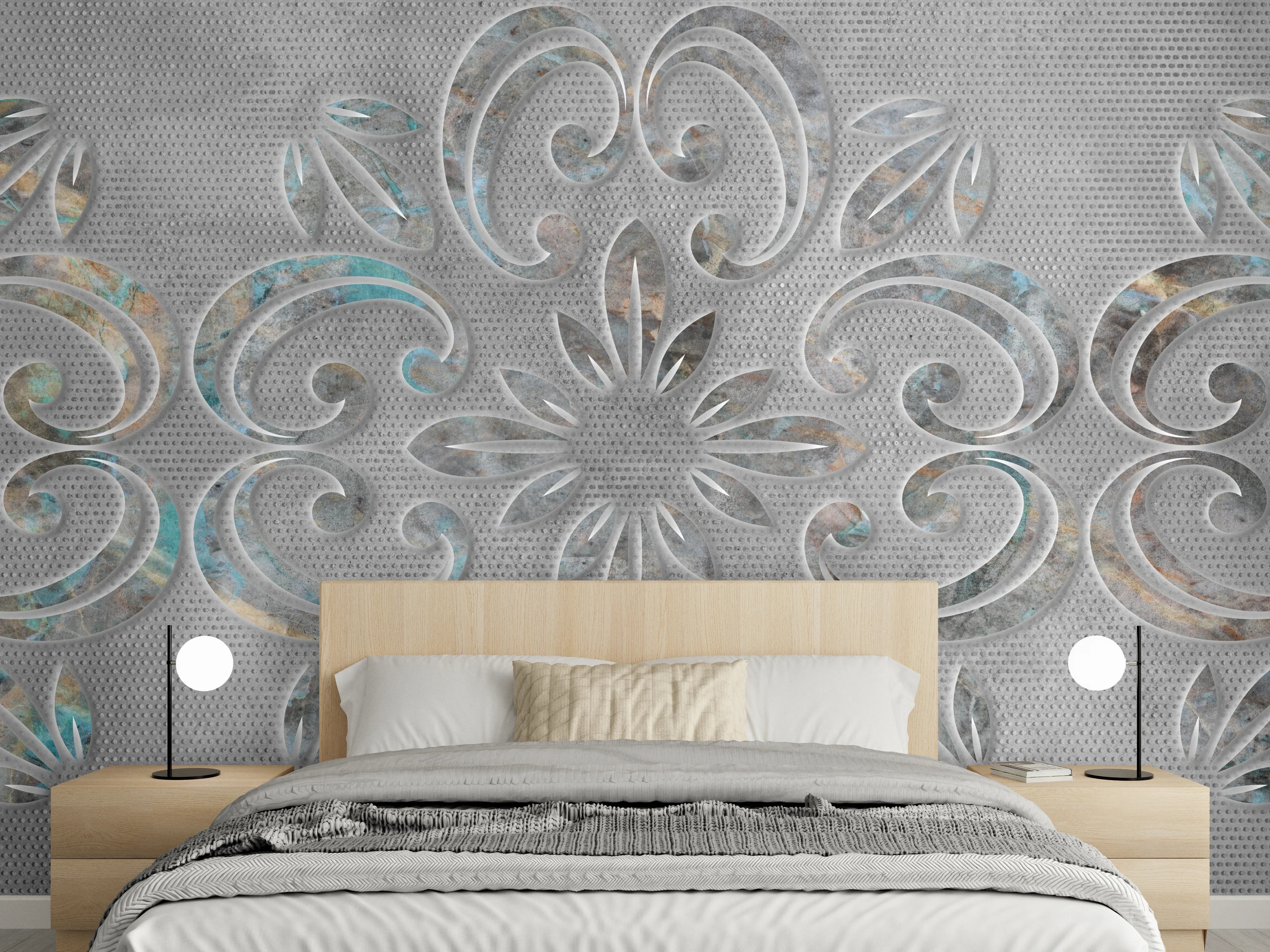 Wandverkleidung Schlafzimmer - Graues Ornamentmuster - Zementwandtextur