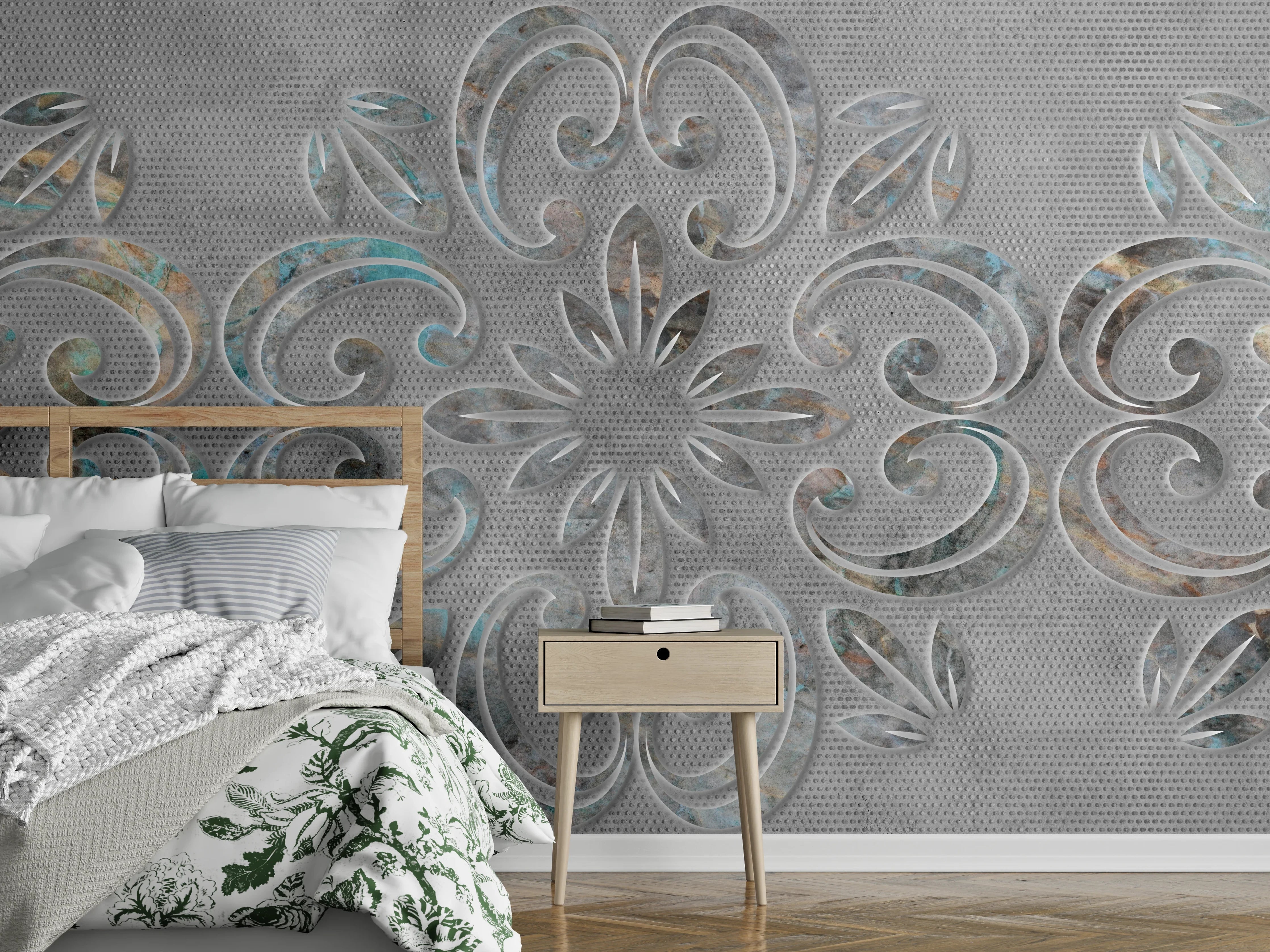 Wandverkleidung Schlafzimmer - Graues Ornamentmuster - Zementwandtextur
