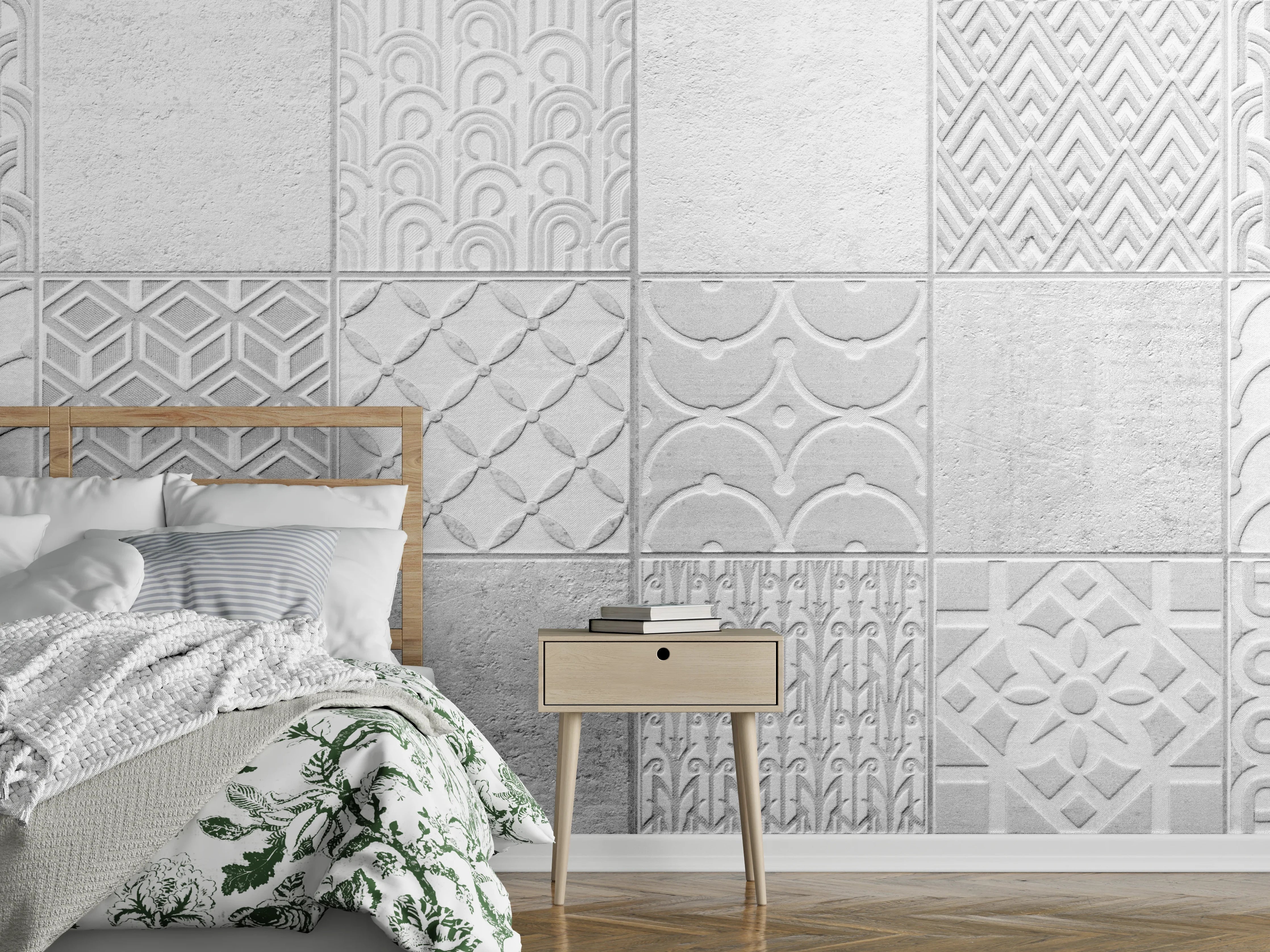 Wandverkleidung Schlafzimmer - Graues weißes Vintage Mosaikmotiv