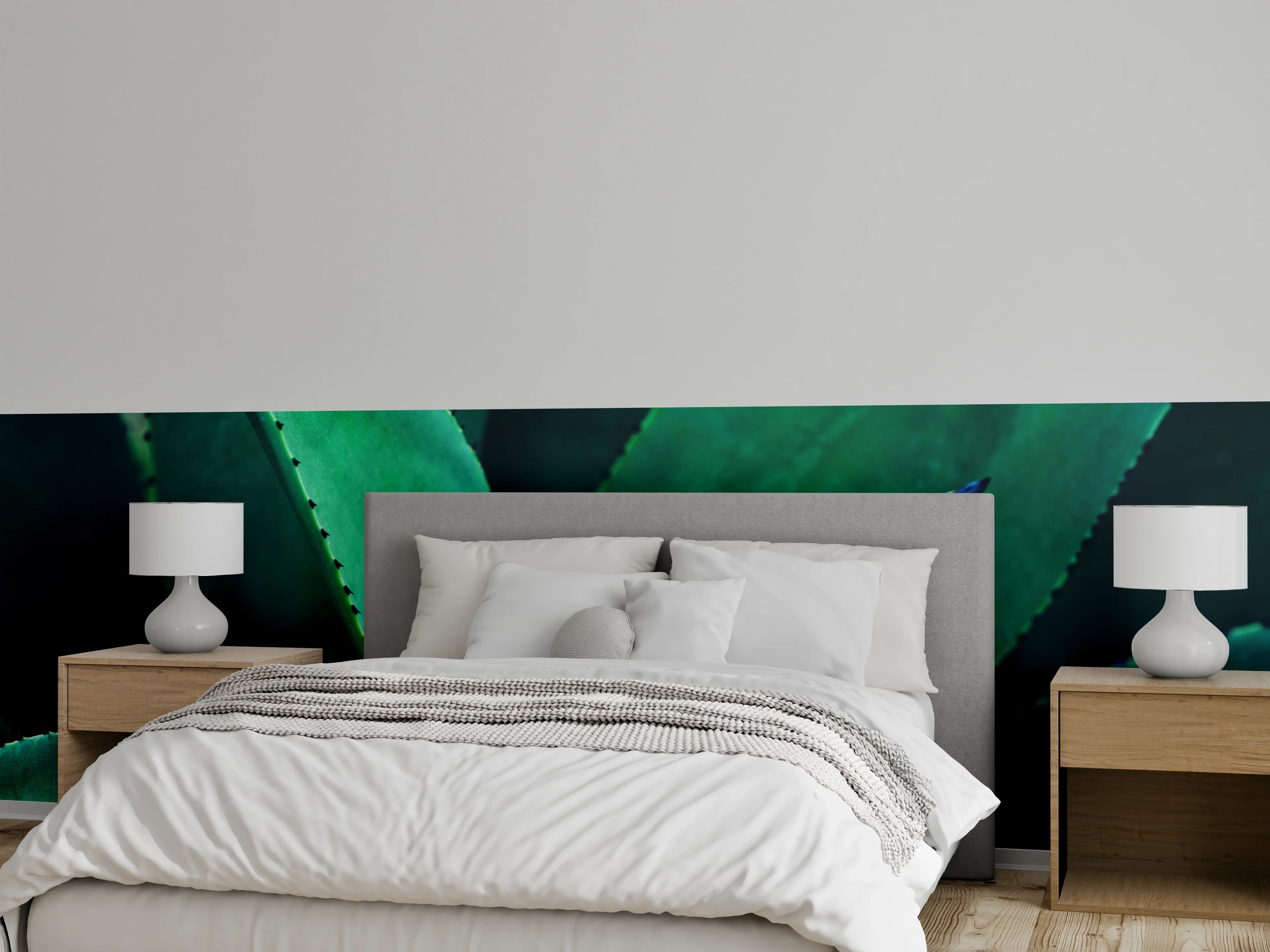 Wandverkleidung Schlafzimmer - Graugrüne Agavenblätter im Licht