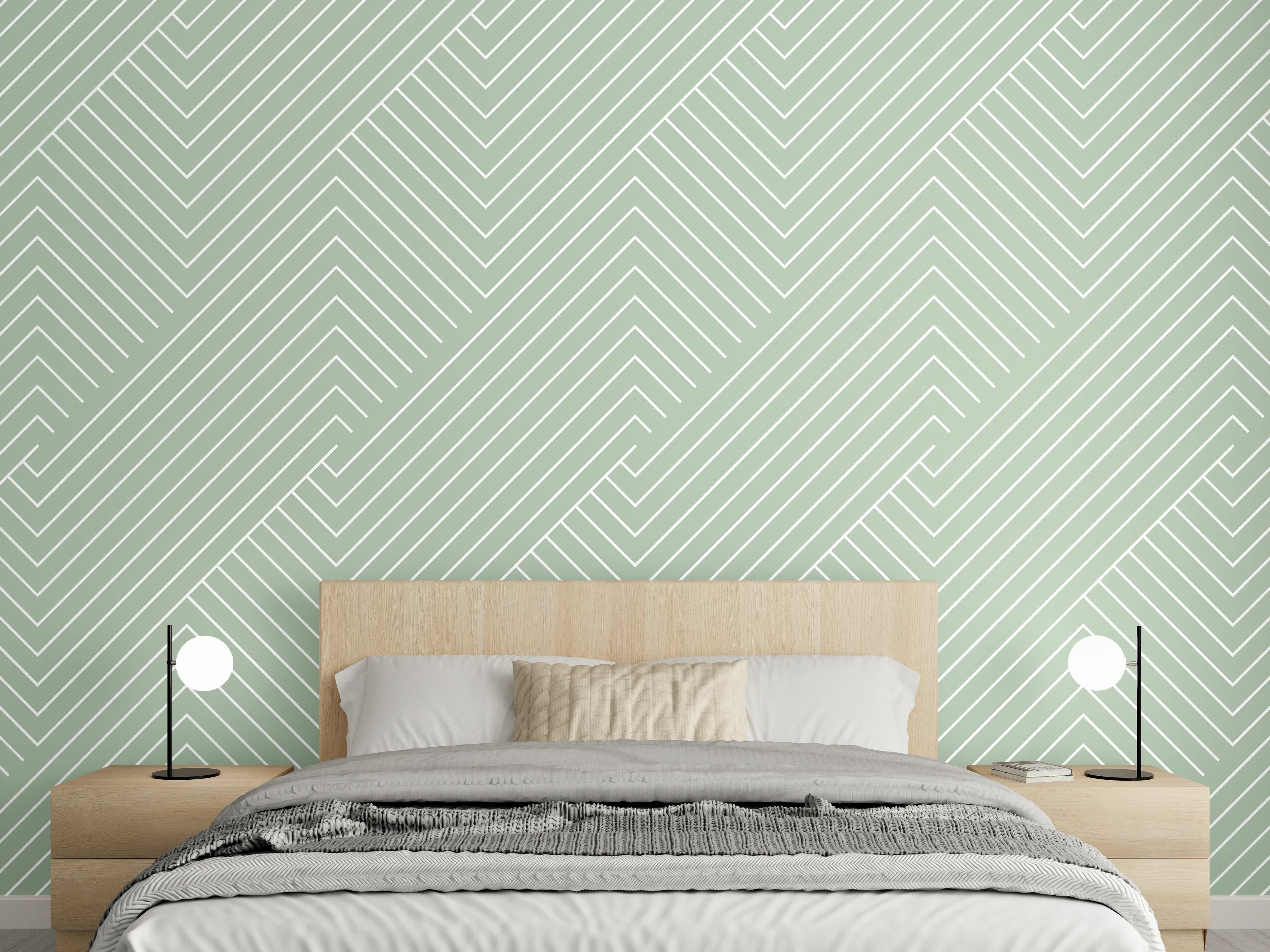 Wandverkleidung Schlafzimmer - Graugrüne Linien auf weißem Grund