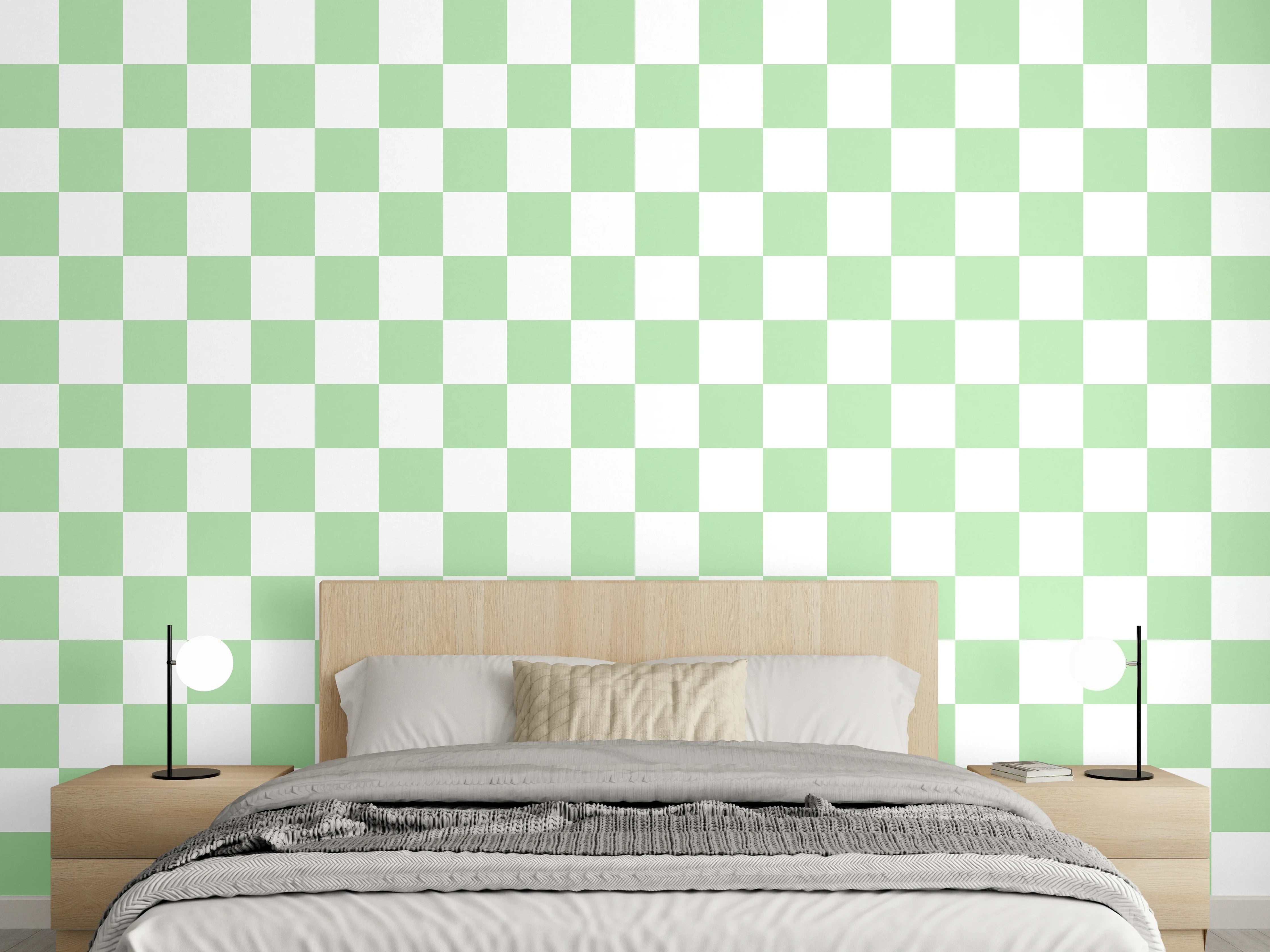 Wandverkleidung Schlafzimmer - Graugrüne Schachfelder im modernen Stil