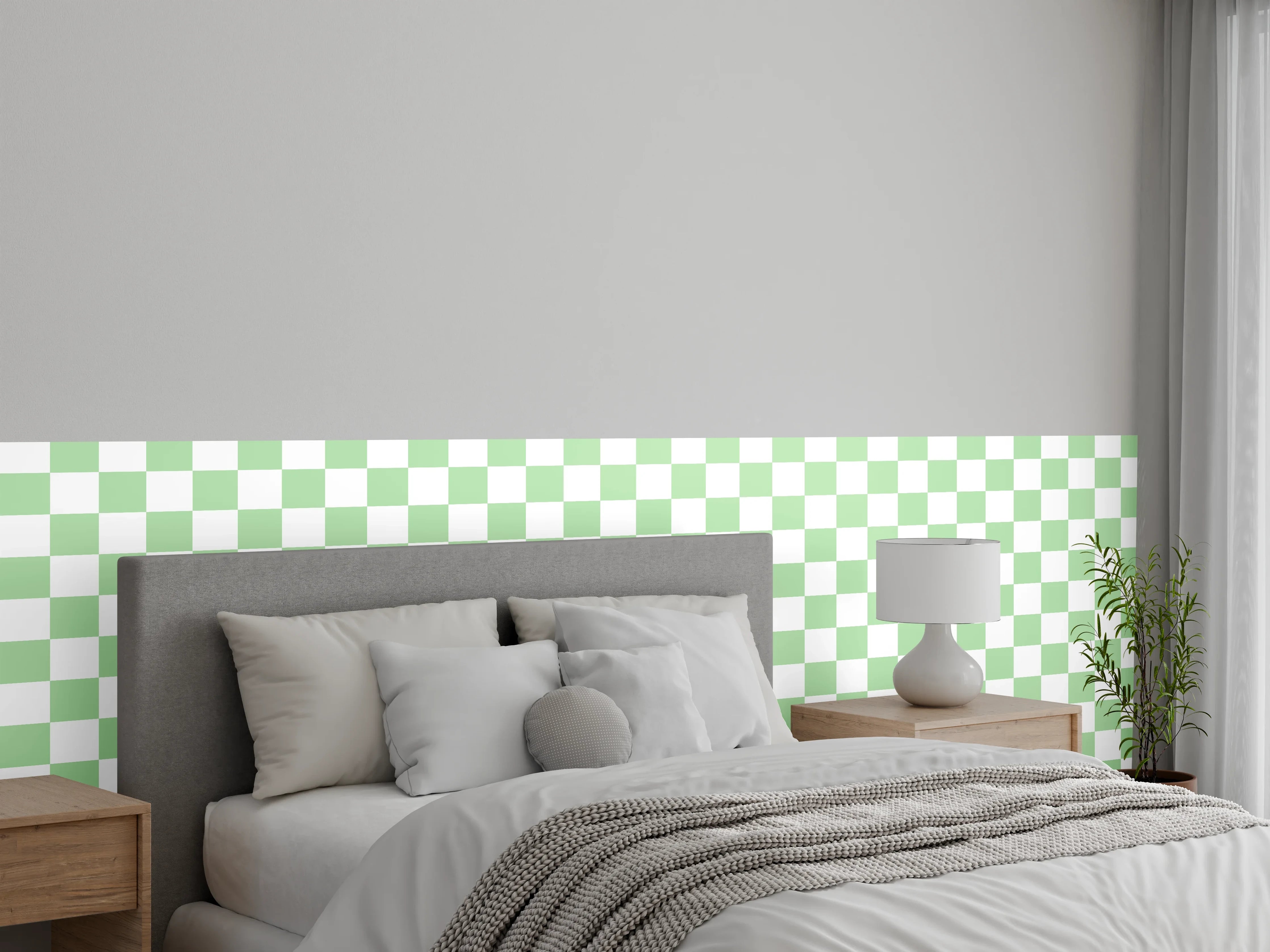 Wandverkleidung Schlafzimmer - Graugrüne Schachfelder im modernen Stil