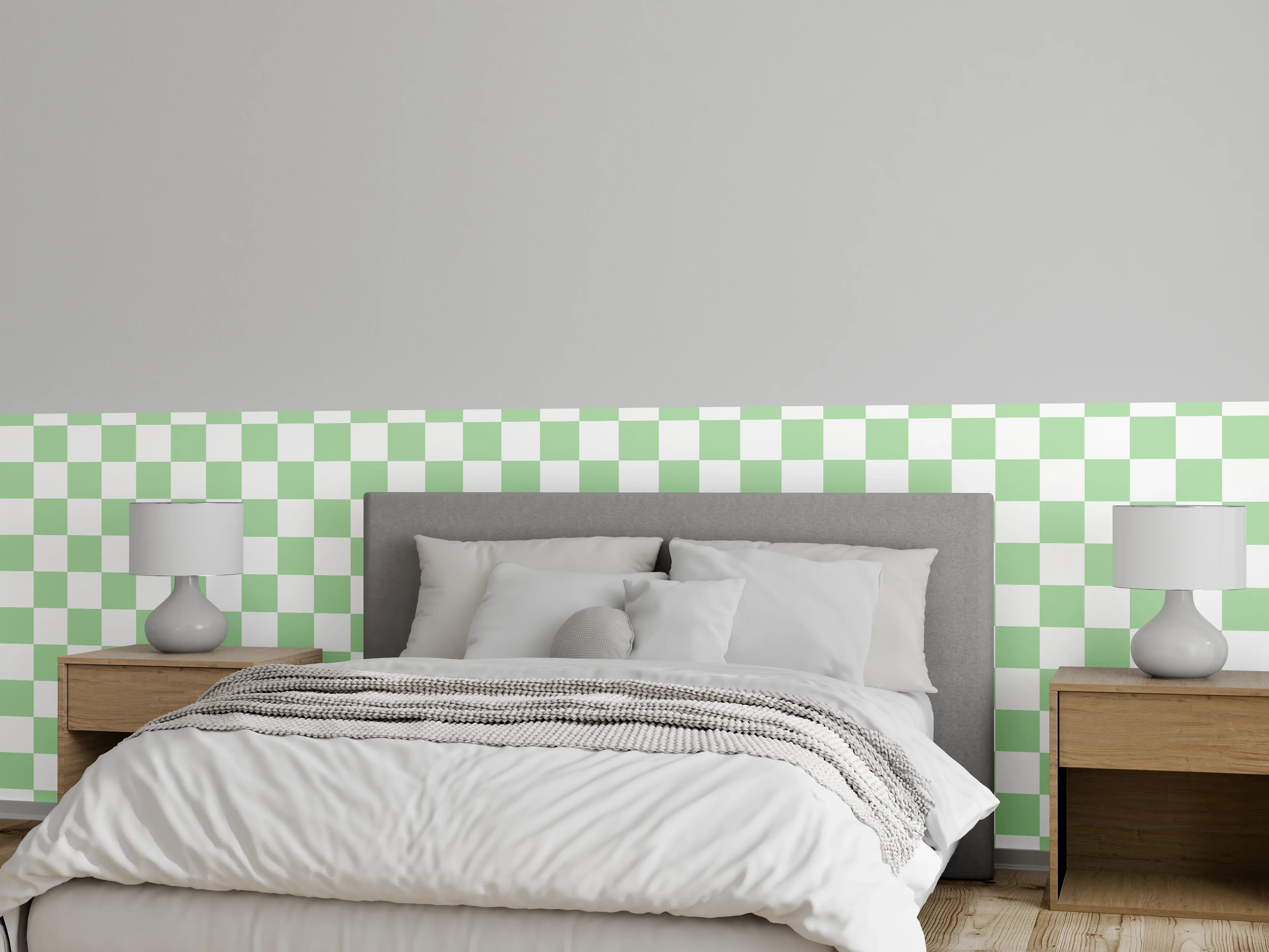 Wandverkleidung Schlafzimmer - Graugrüne Schachfelder im modernen Stil