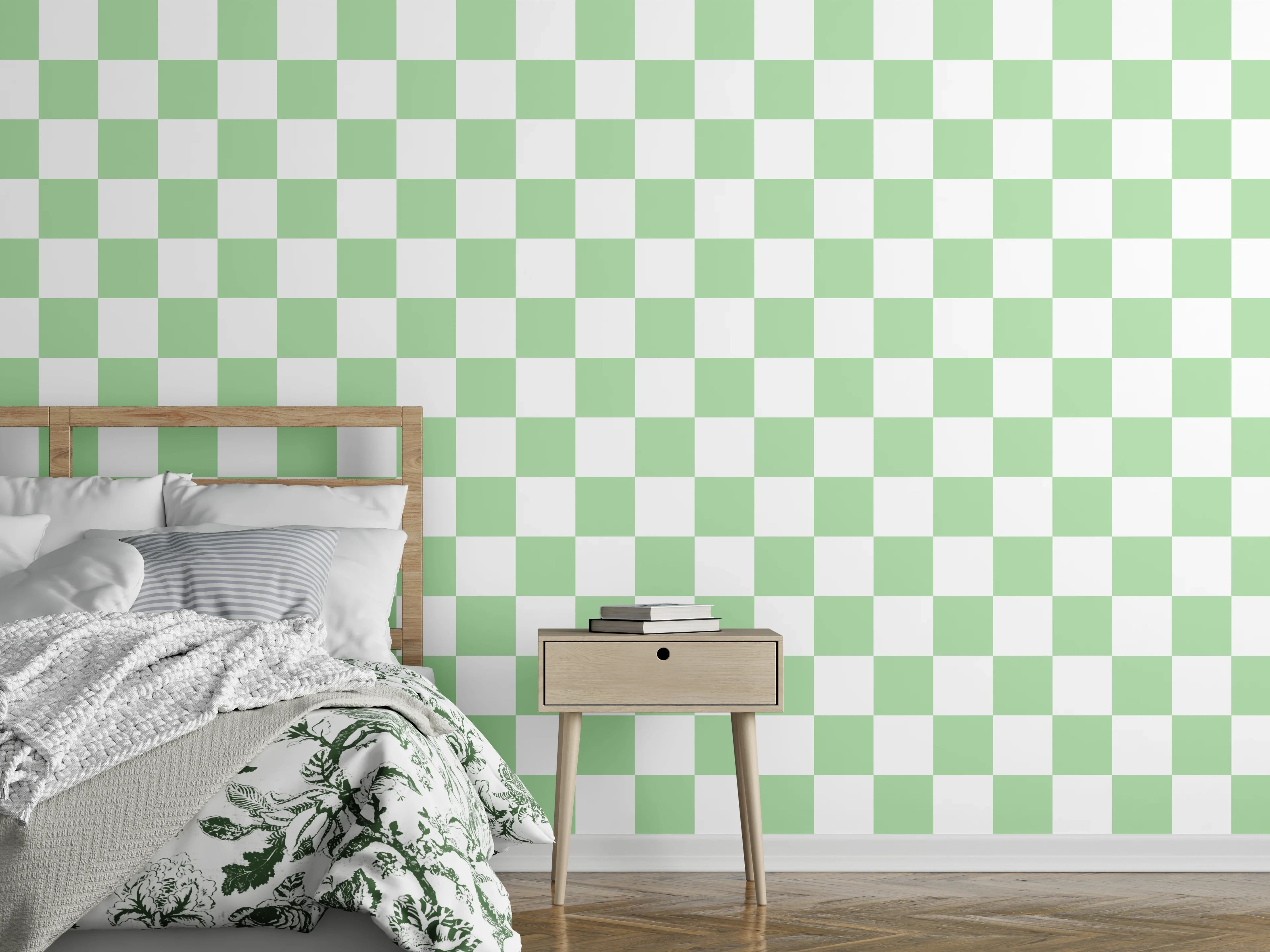 Wandverkleidung Schlafzimmer - Graugrüne Schachfelder im modernen Stil